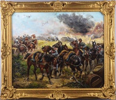 Antique Military WW1 oil painting of French soldiers & cavalry