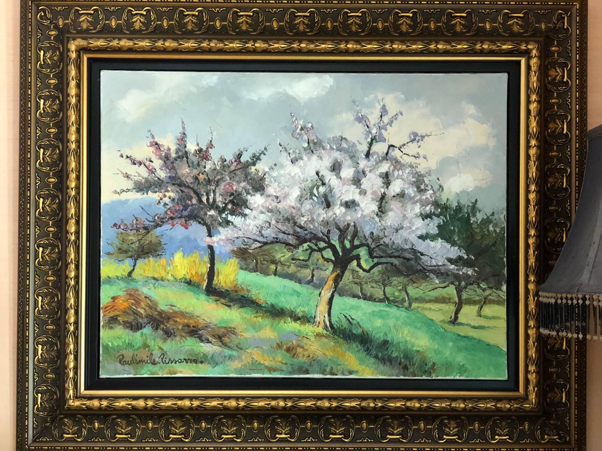 Paul-Emile Pissarro 
1884-1972 (French) 
apple trees in bloom. 
Oil on canvas. 
Measures: H 46, W 61 cm. 
Signed lower left, signed again and titled on the reverse.