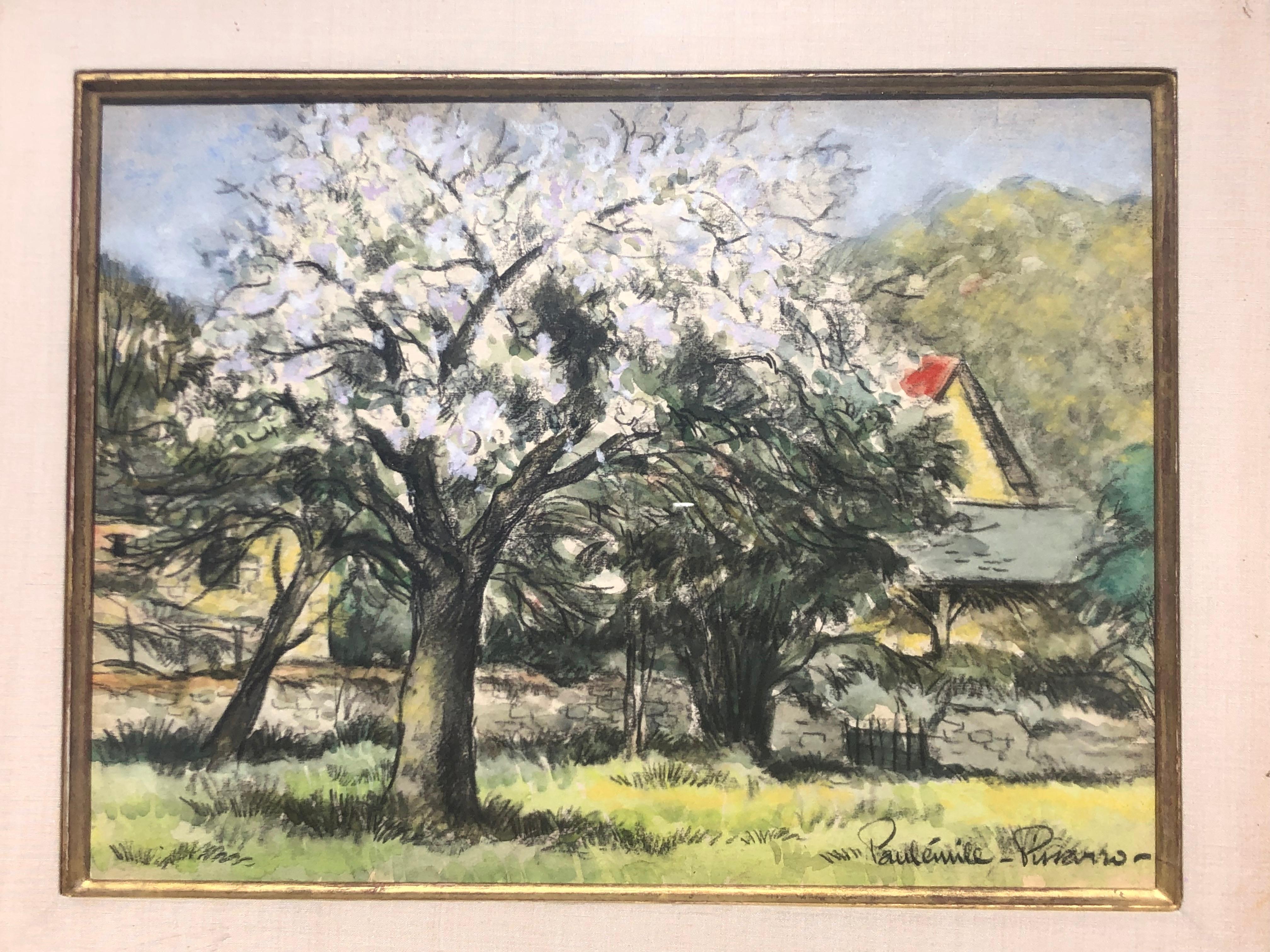   Treis en fleurs impressionniste français - Painting de Paul Emile Pissarro