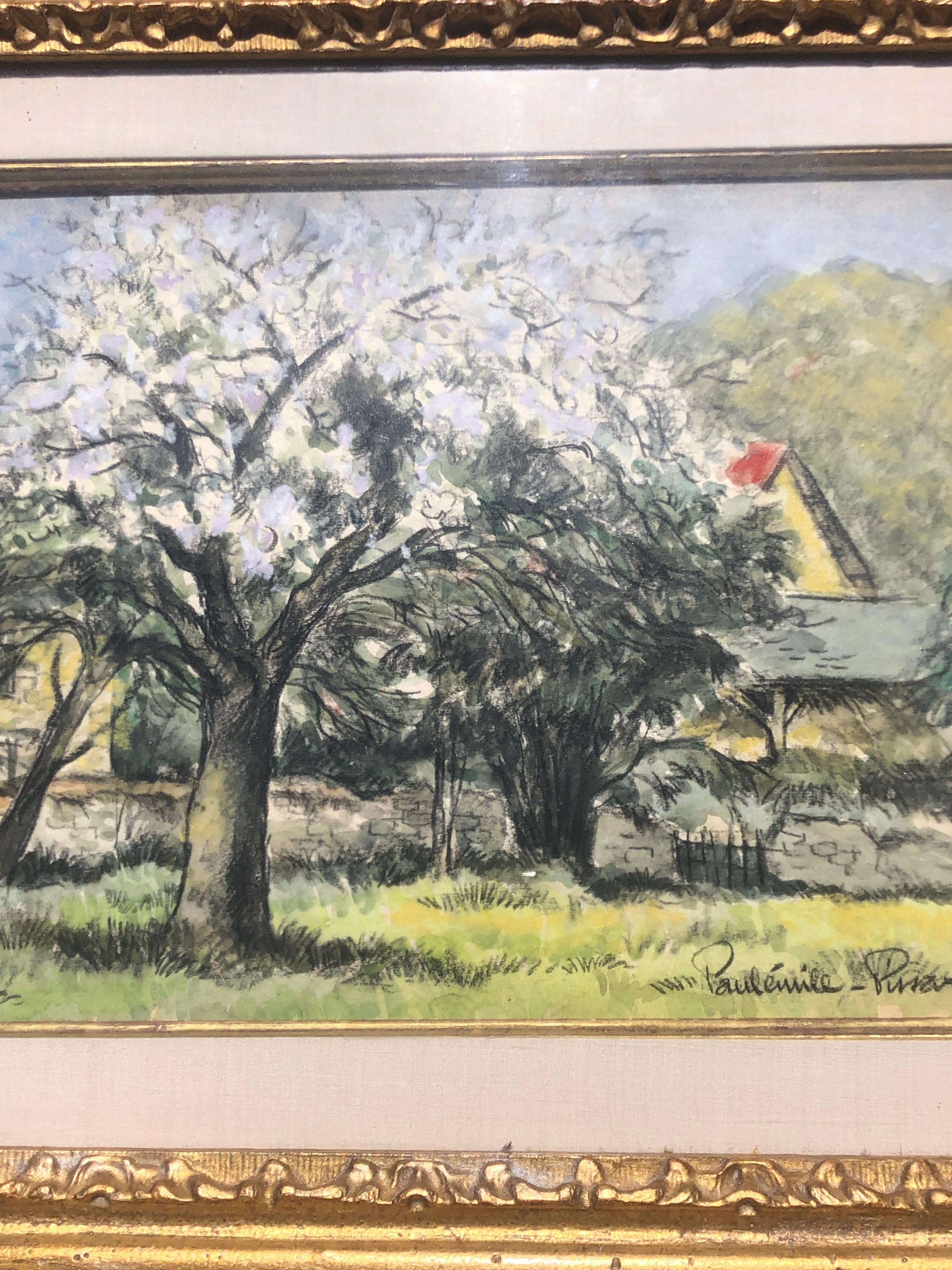 Paysage avec arbres en fleurs
Paul-Emile Pissarro  1884-1972 Français
Format papier 9.5x12.5 sous verre encadré 12x16x1 signé, très bon état. Le support a été remplacé par un nouveau carton sans acide.
 Paulémile Pissarro, le plus jeune fils de