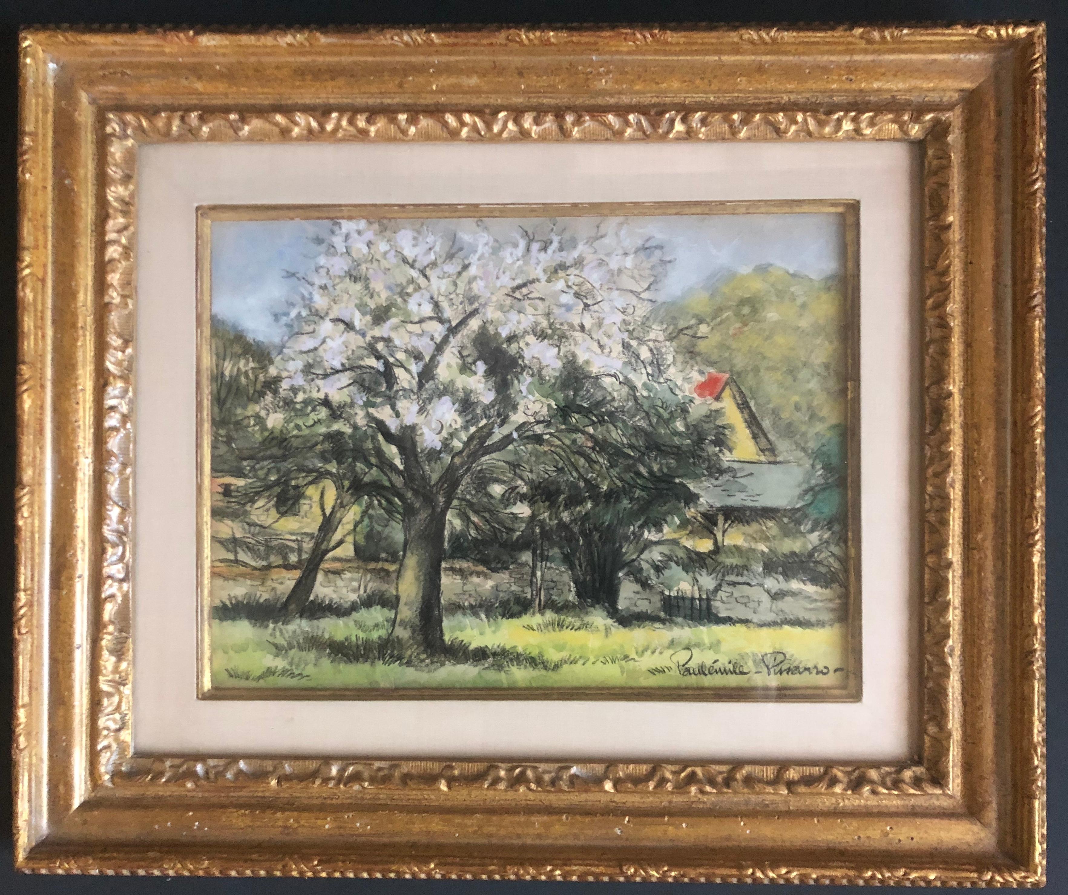   Blooming Trees French Impressionist - Brown Landscape Painting by Paul Emile Pissarro