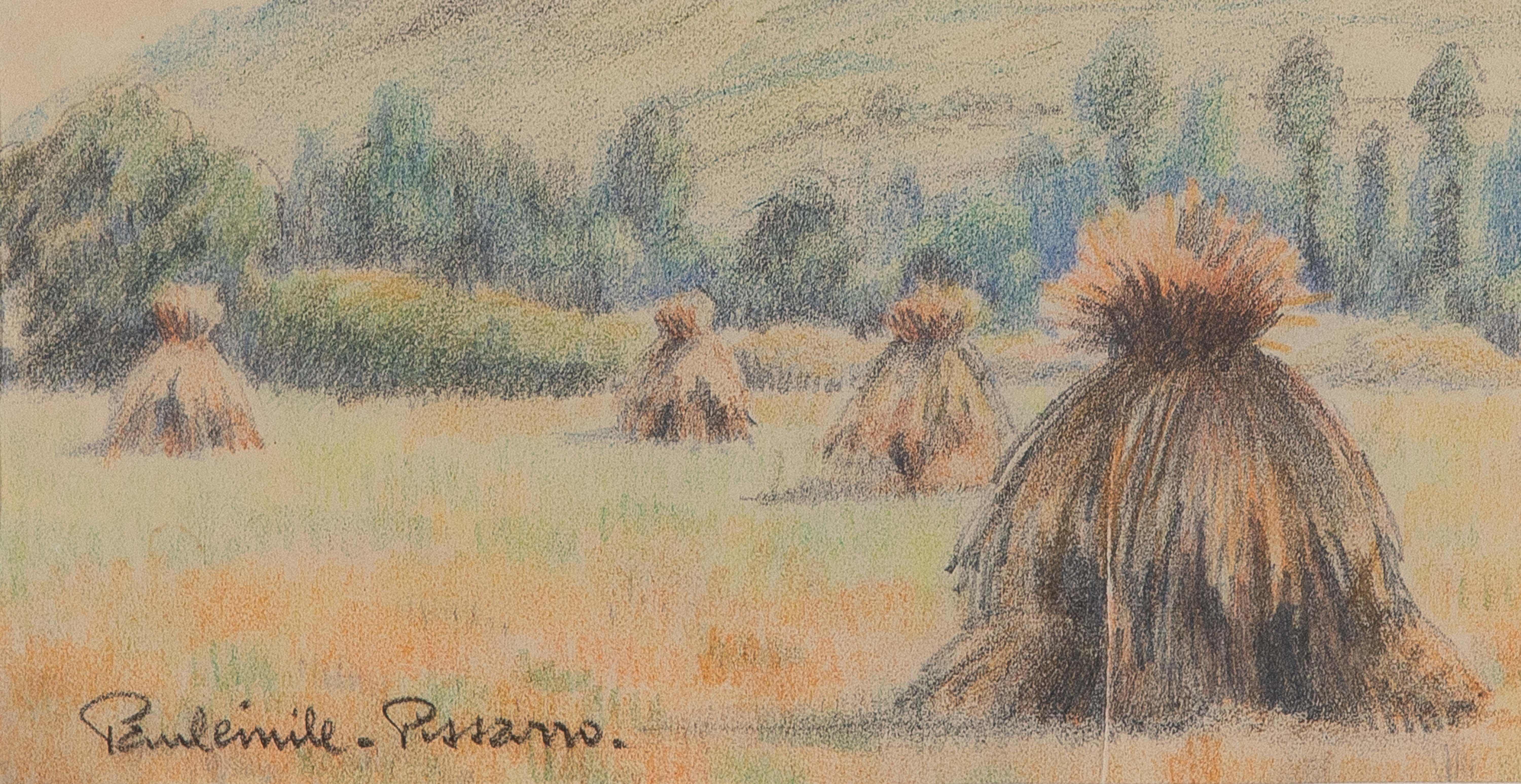 Meules de foin di Paulémile Pissarro - Disegno di paesaggio - Mixed Media Art Postimpressionismo di Paul Emile Pissarro