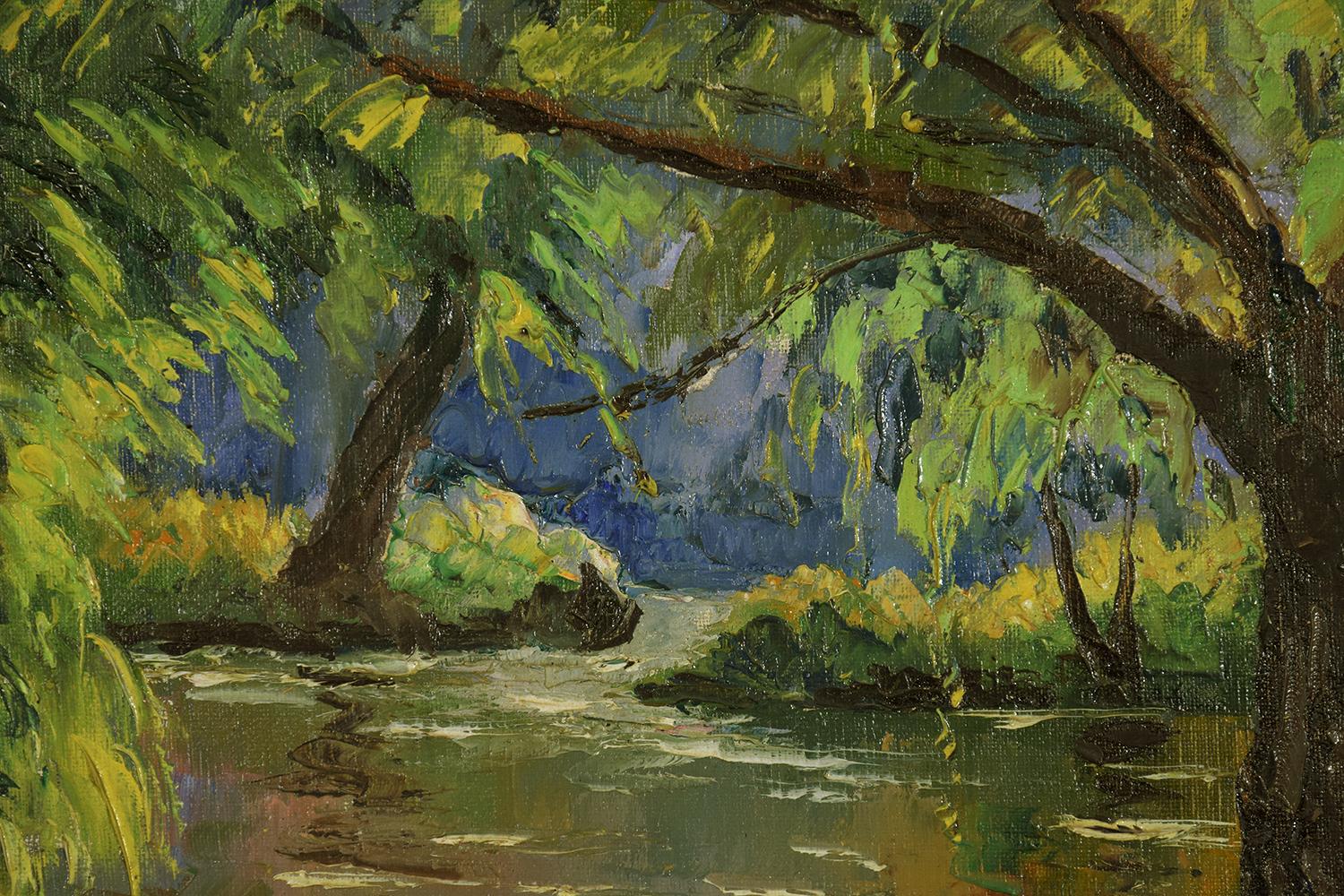Bord de l'Orne by Paulémile Pissarro - Post Impressionist landscape/waterscape - Brown Landscape Painting by Paul Emile Pissarro