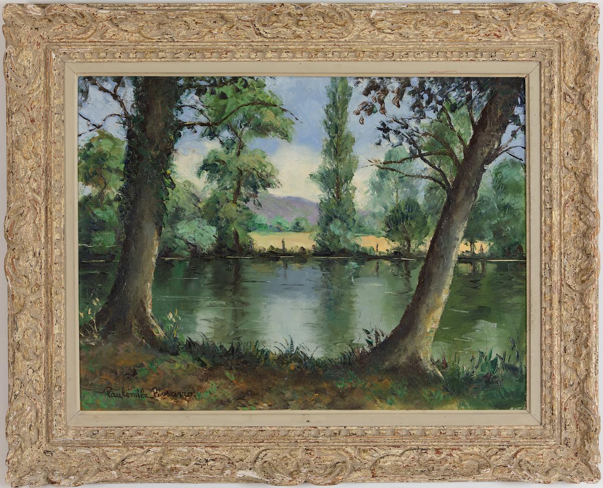 Bord de l'Orne de Paulémile Pissarro - Scène de rivière à l'huile post-impressionniste - Painting de Paul Emile Pissarro