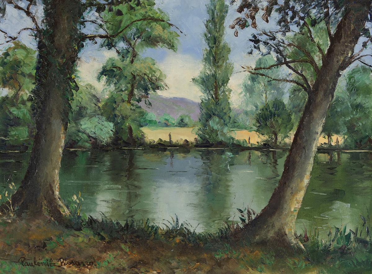 Landscape Painting Paul Emile Pissarro - Bord de l'Orne de Paulémile Pissarro - Scène de rivière à l'huile post-impressionniste