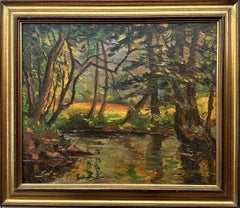 Vintage Calvados : River in the forest  - Original oil painting, Handsigned