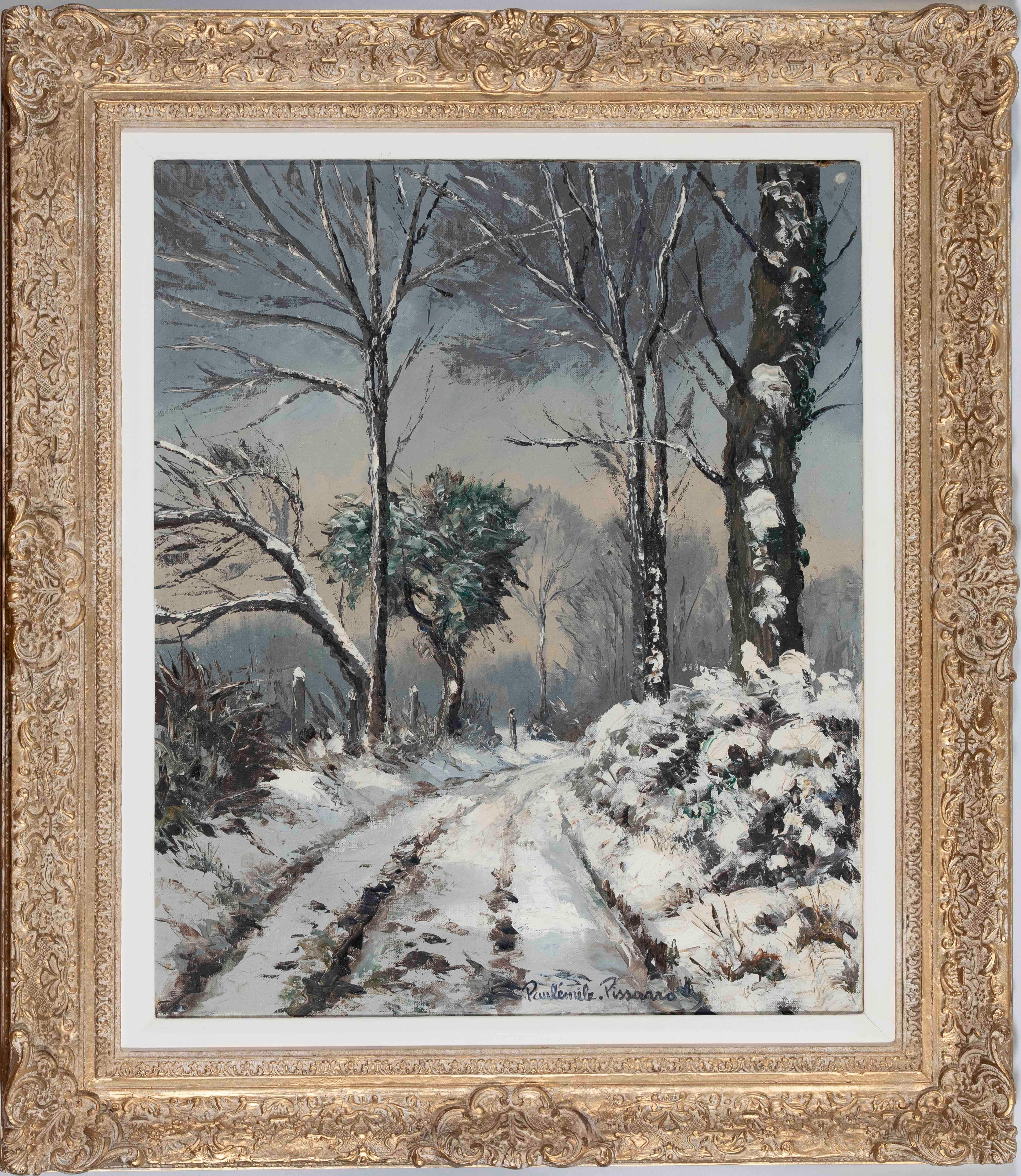 Chemin de Placy par Paulémile Pissarro - Neige, peinture à l'huile - Painting de Paul Emile Pissarro
