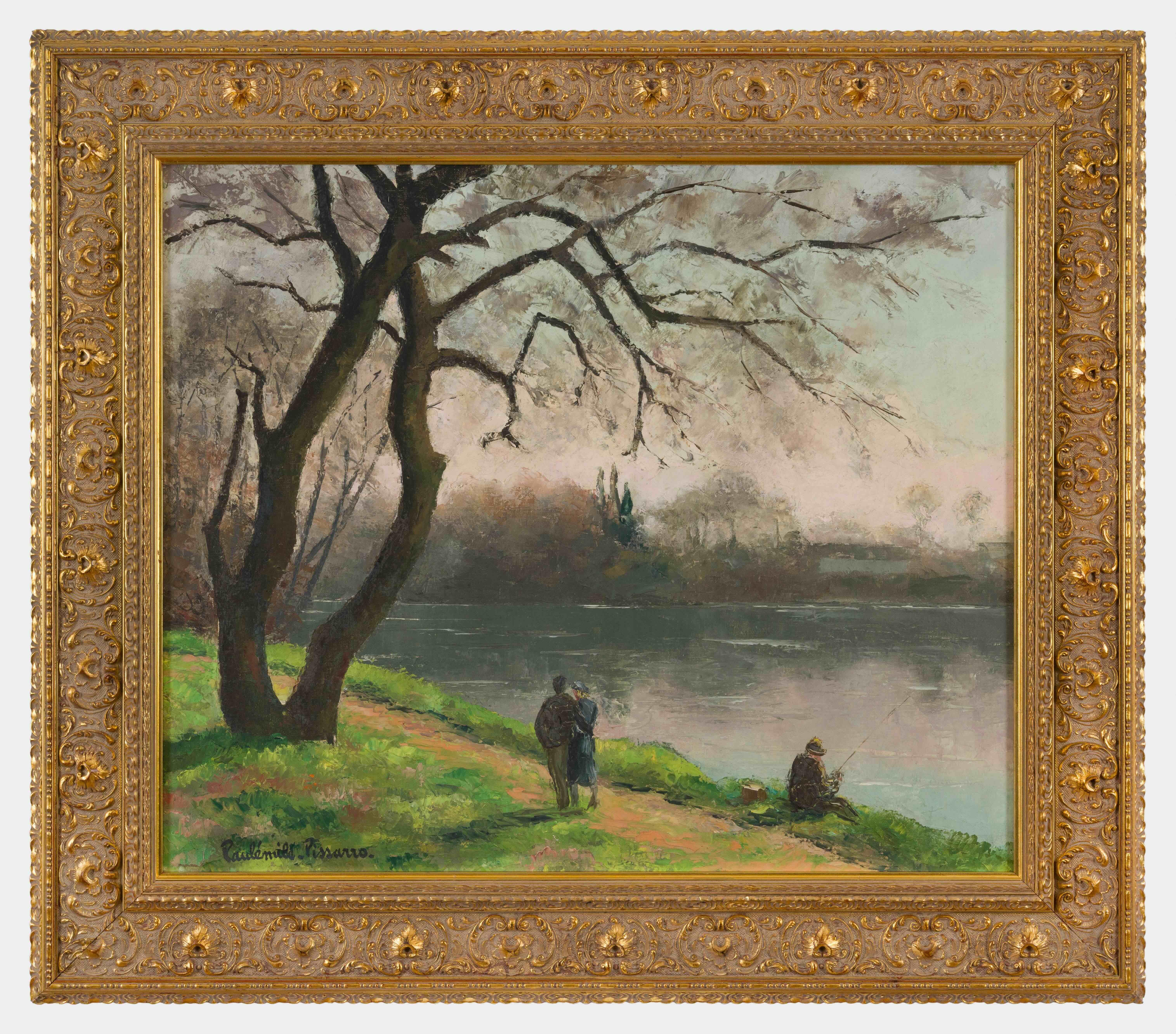 Fisherman and walkers by the river by Paulémile Pissarro - Landscape Painting For Sale 1