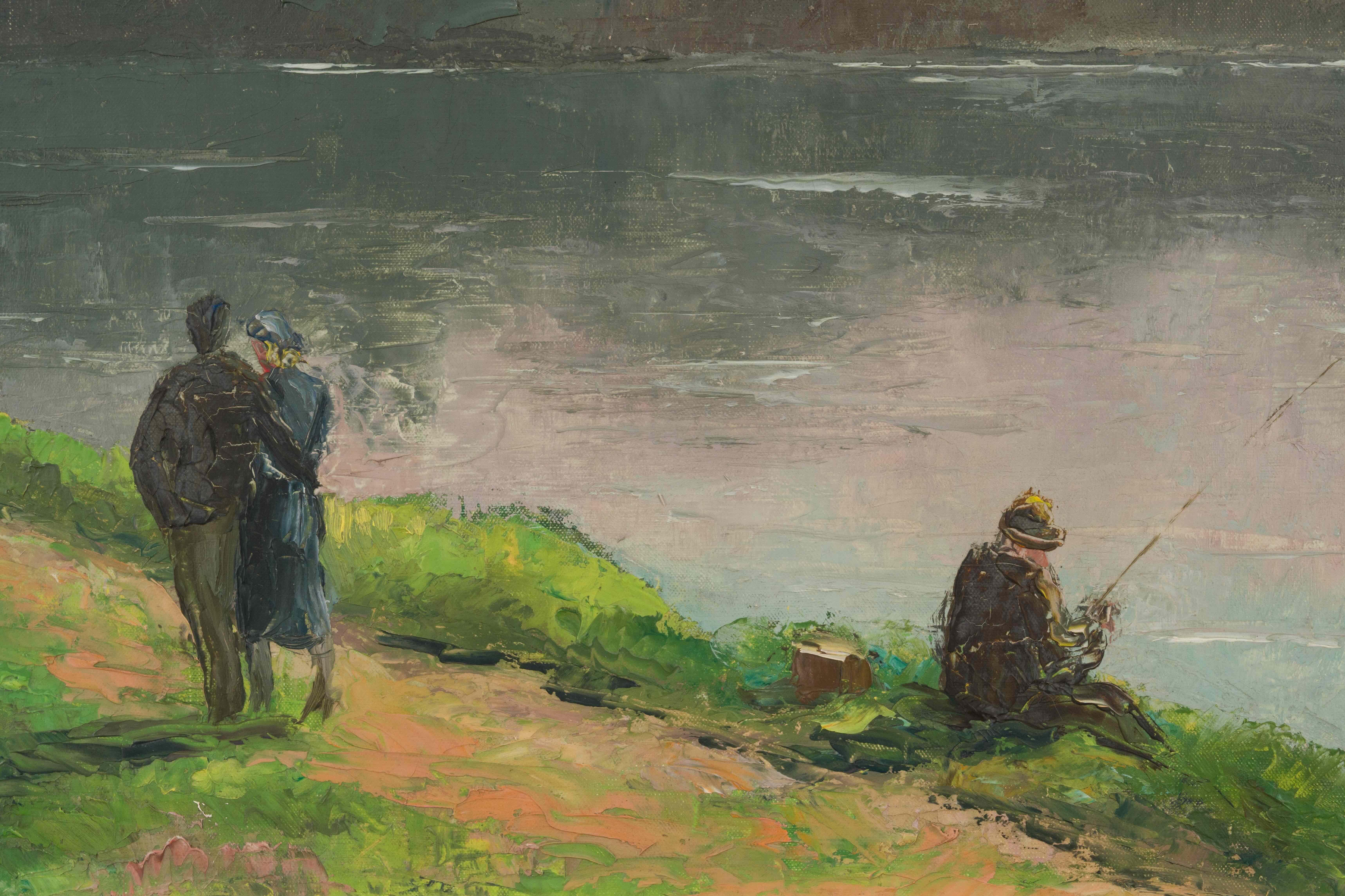 Fisherman and walkers by the river by Paulémile Pissarro - Landscape Painting For Sale 2