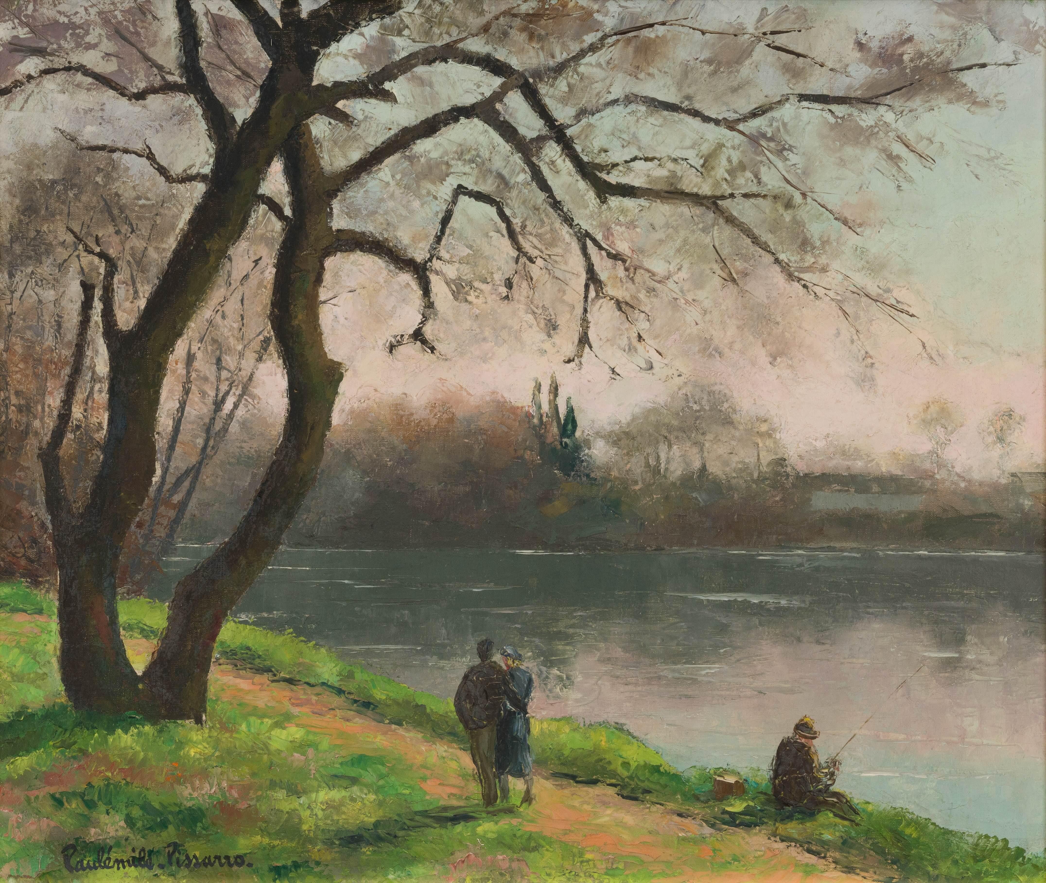 Fisherman and walkers by the river by Paulémile Pissarro (1884-1972)
Oil on canvas
55 x 65 cm (21 ⁵/₈ x 25 ⁵/₈ inches)
Signed lower left, Paulémile- Pissarro.

This work is accompanied by a certificate of authenticity by Lélia Pissarro and will be