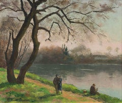 Paul Emile Pissarro - Fisherman and walkers by the river by Paulémile Pissarro - Landscape Painting Fisherman and walkers by the river by Paulémile Pissarro - Landscape Painting