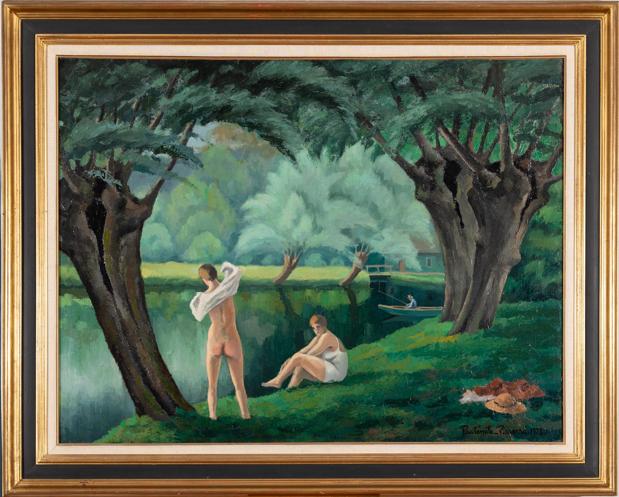 Les Baigneuses by Paulémile Pissarro - Nude scene, riverscene painting - Painting by Paul Emile Pissarro
