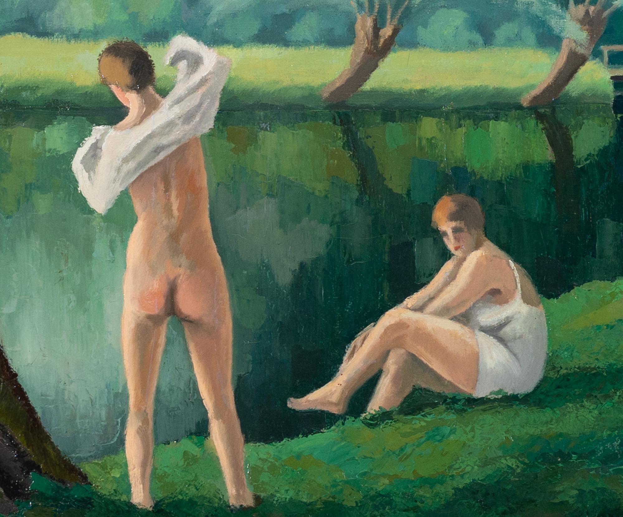 Les Baigneuses by Paulémile Pissarro - Nude scene, riverscene painting - Black Figurative Painting by Paul Emile Pissarro