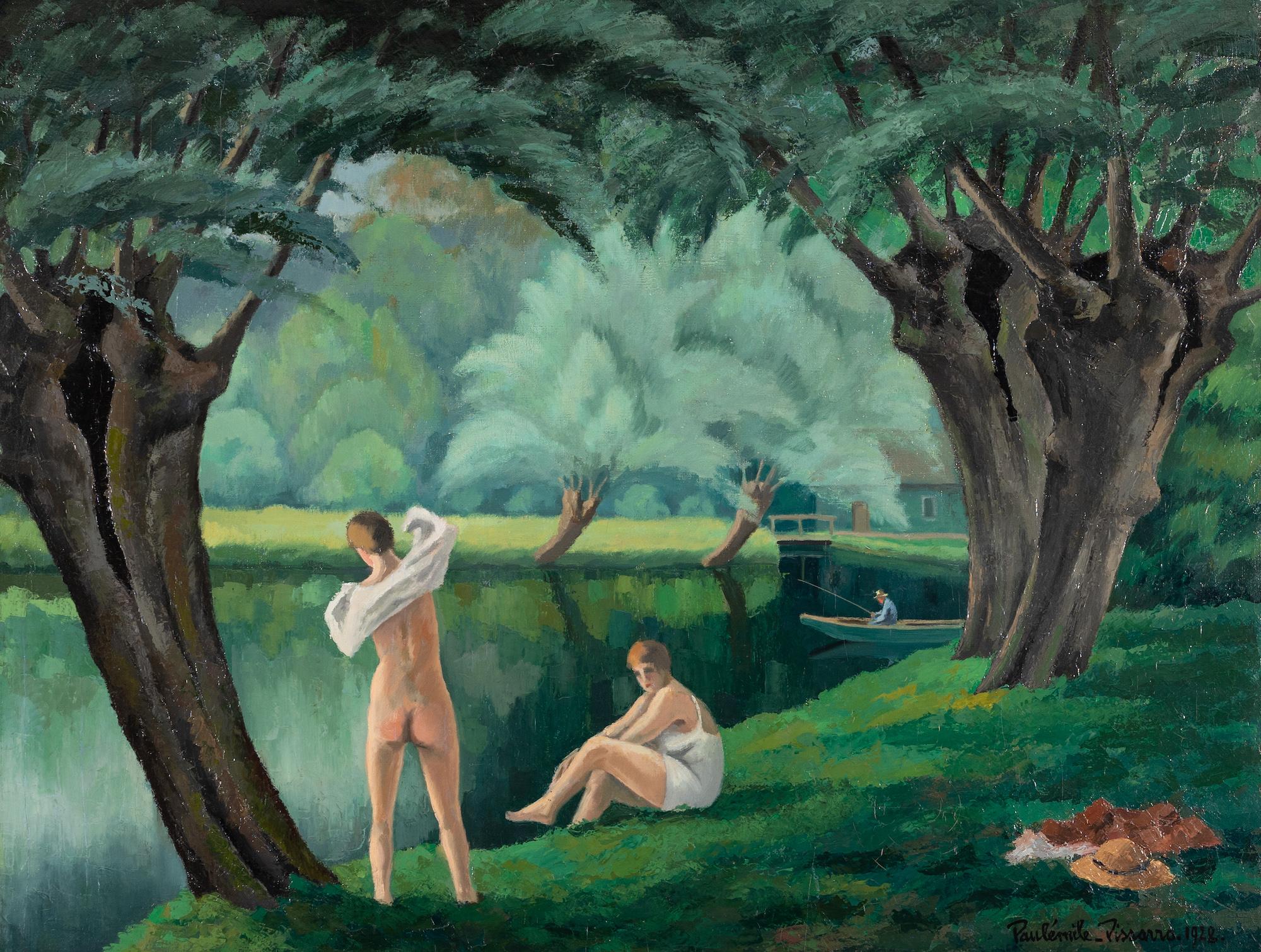 Figurative Painting Paul Emile Pissarro - Les Baigneuses par Paulémile Pissarro - Scène de nu, peinture de scène de rivière