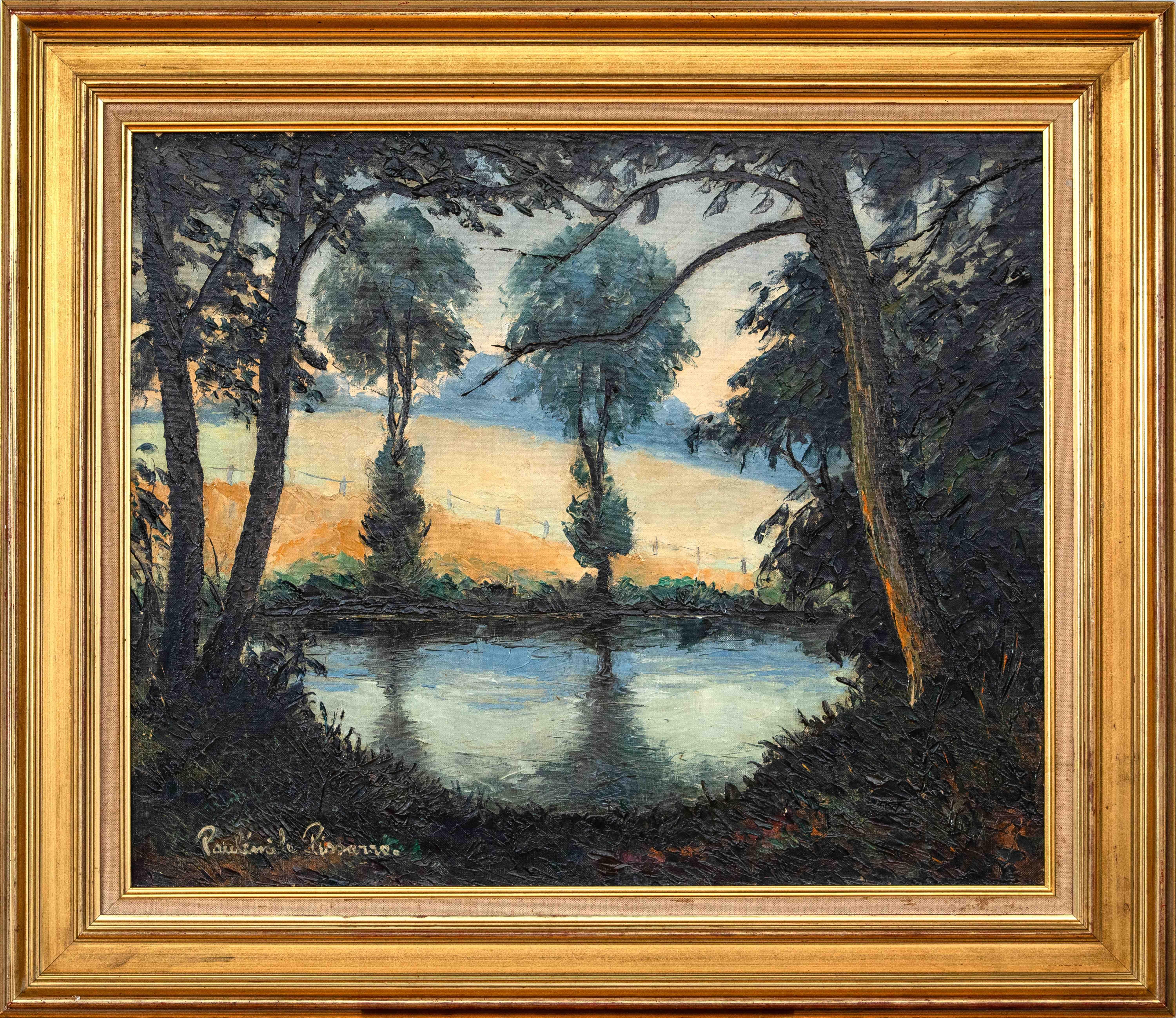 Les Bords de l’Orne au Soleil Couchant by Paulémile Pissarro -Landscape painting - Painting by Paul Emile Pissarro