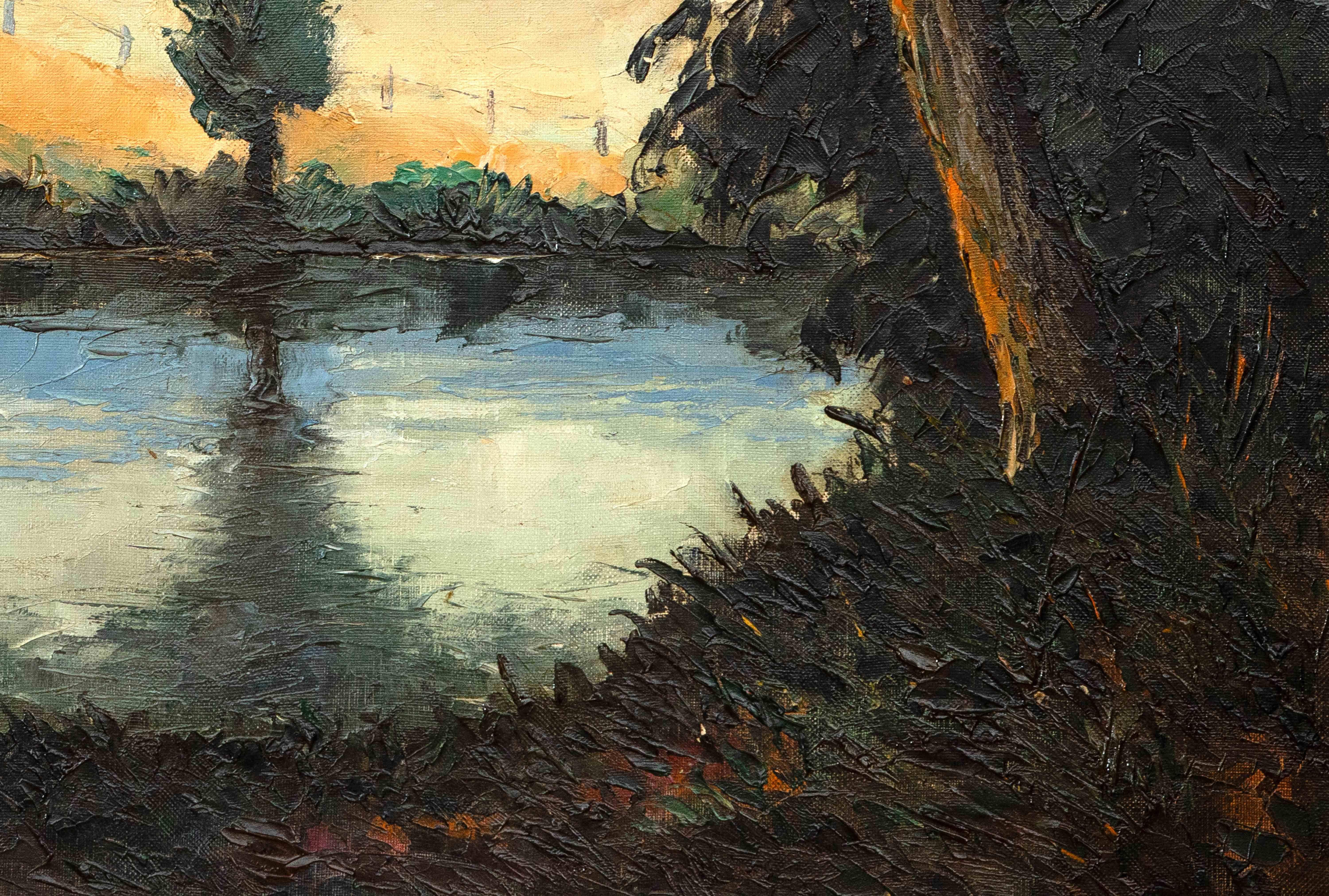Les Bords de l’Orne au Soleil Couchant by Paulémile Pissarro -Landscape painting For Sale 1