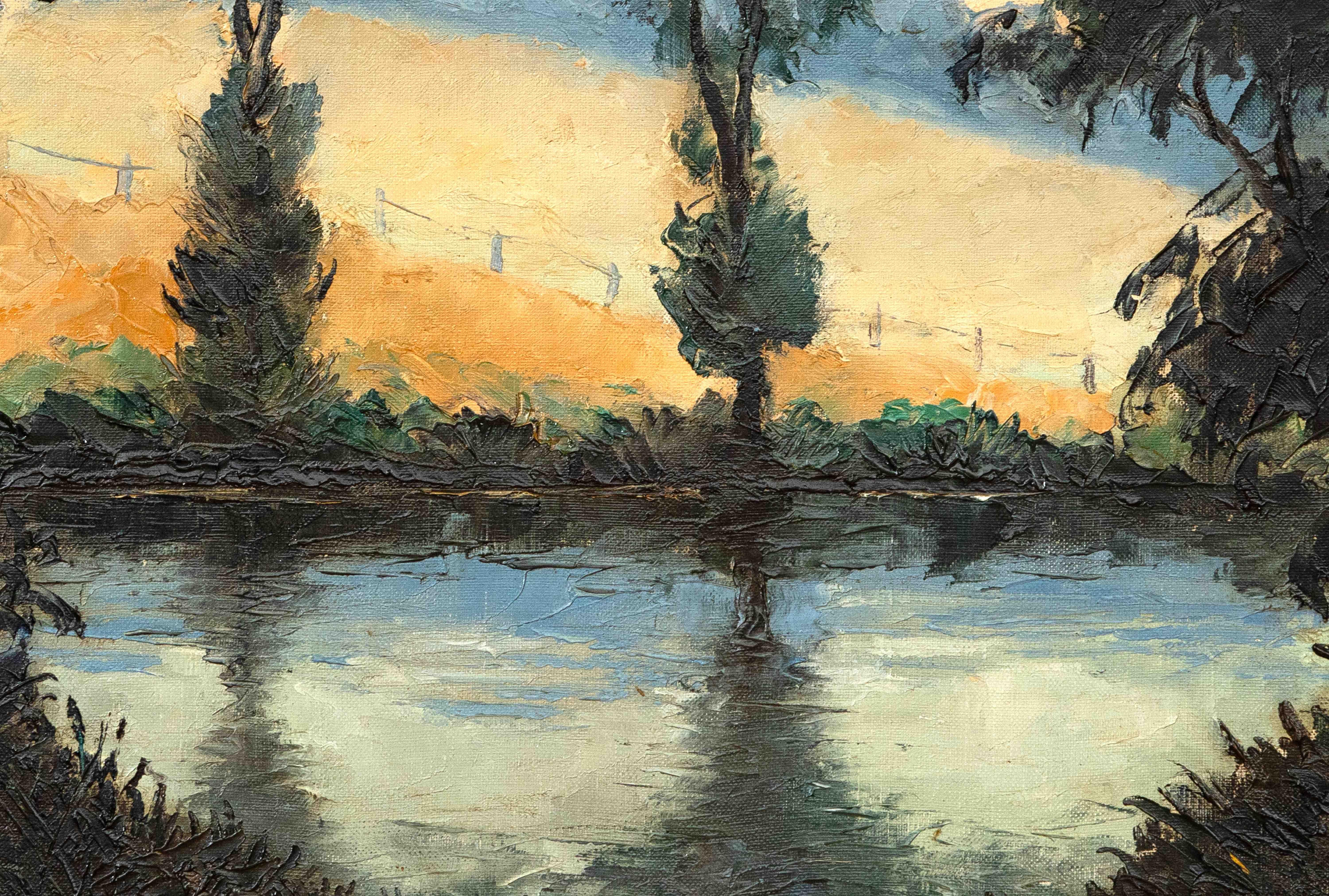 Les Bords de l’Orne au Soleil Couchant by Paulémile Pissarro -Landscape painting For Sale 2