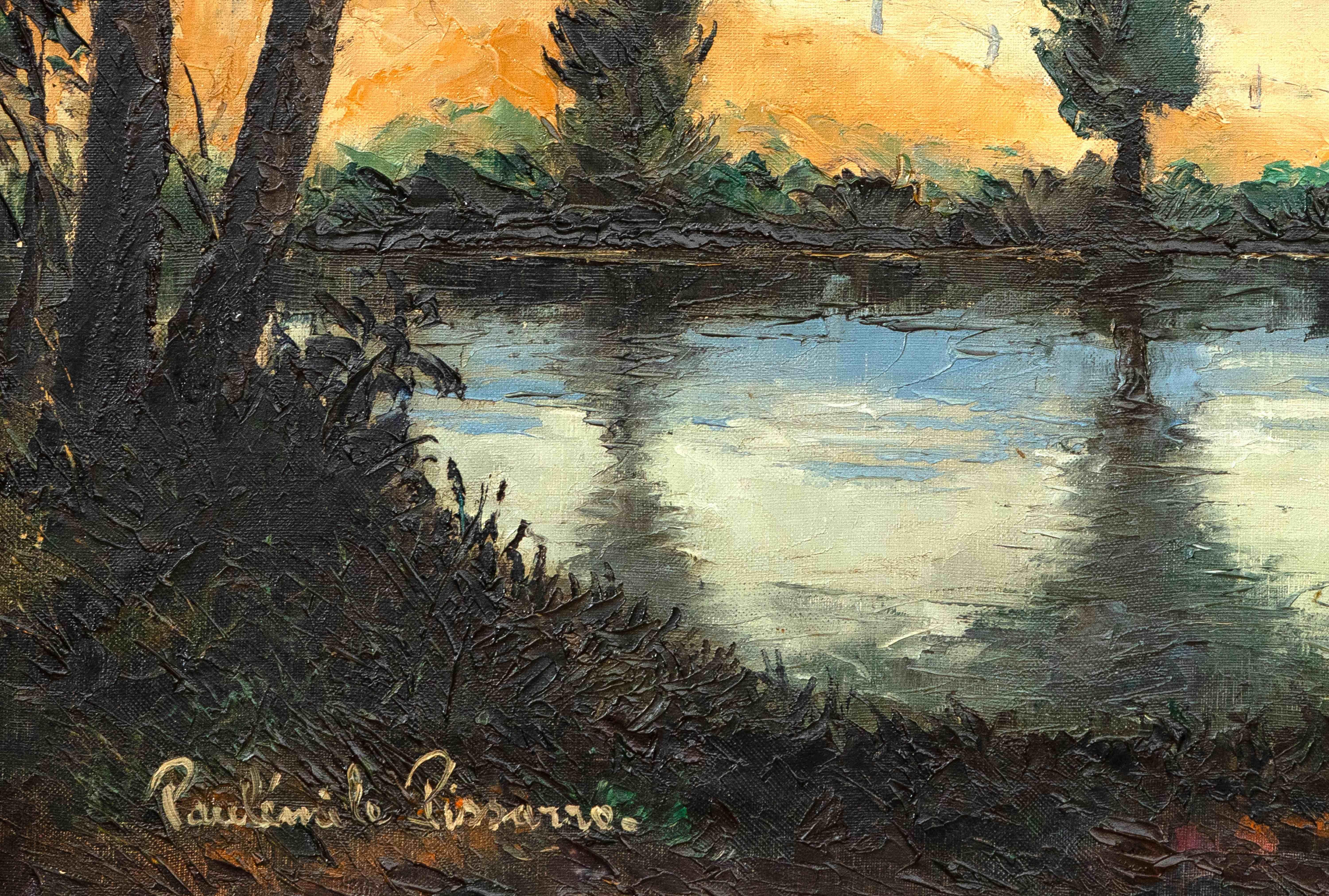 Les Bords de l’Orne au Soleil Couchant by Paulémile Pissarro -Landscape painting For Sale 3