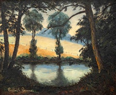 Vintage Les Bords de l’Orne au Soleil Couchant by Paulémile Pissarro -Landscape painting