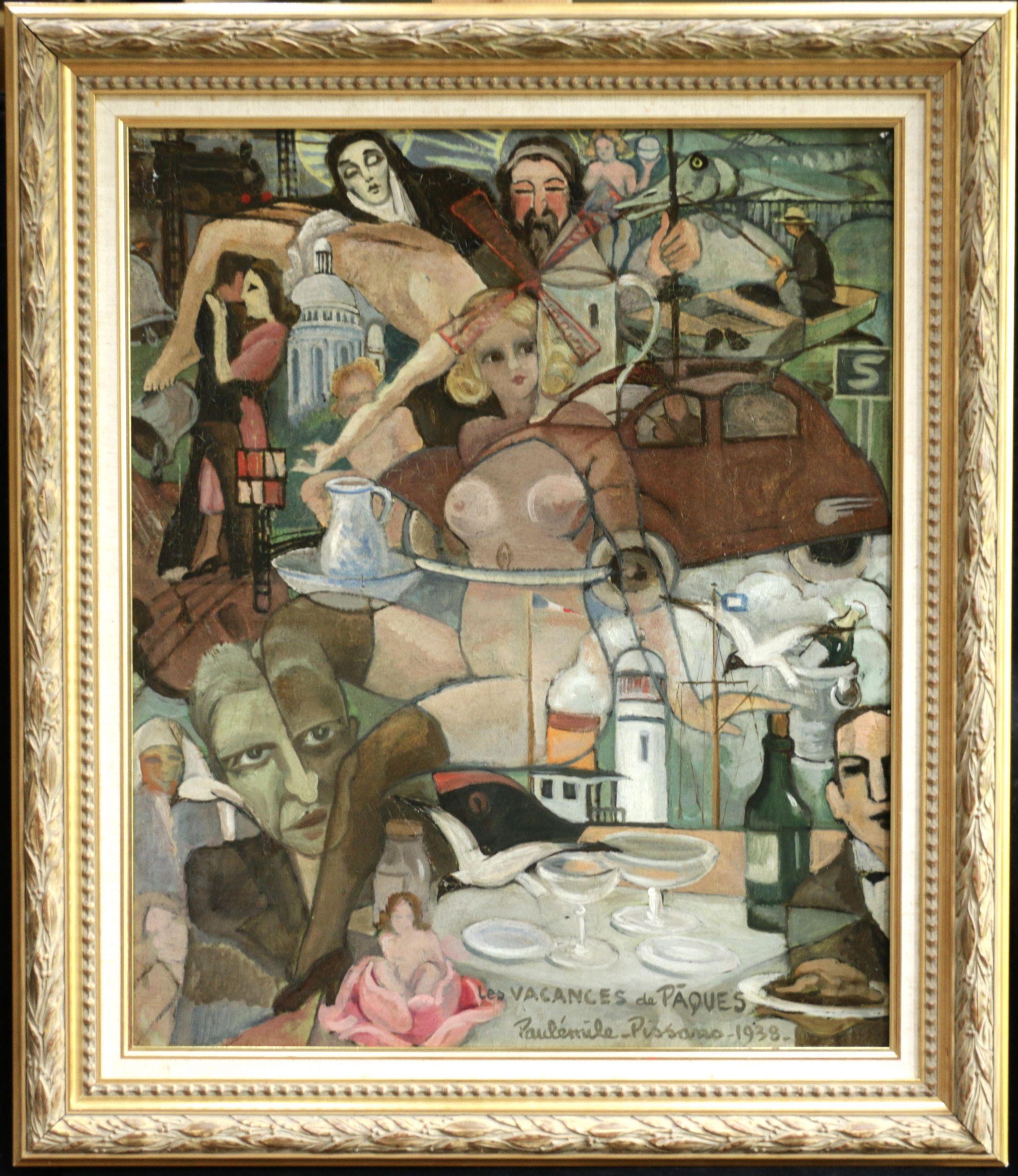 Les Vacances de Pâques - 19th Century Cubist Oil, Easter Holidays by P Pissarro - Painting by Paul Emile Pissarro
