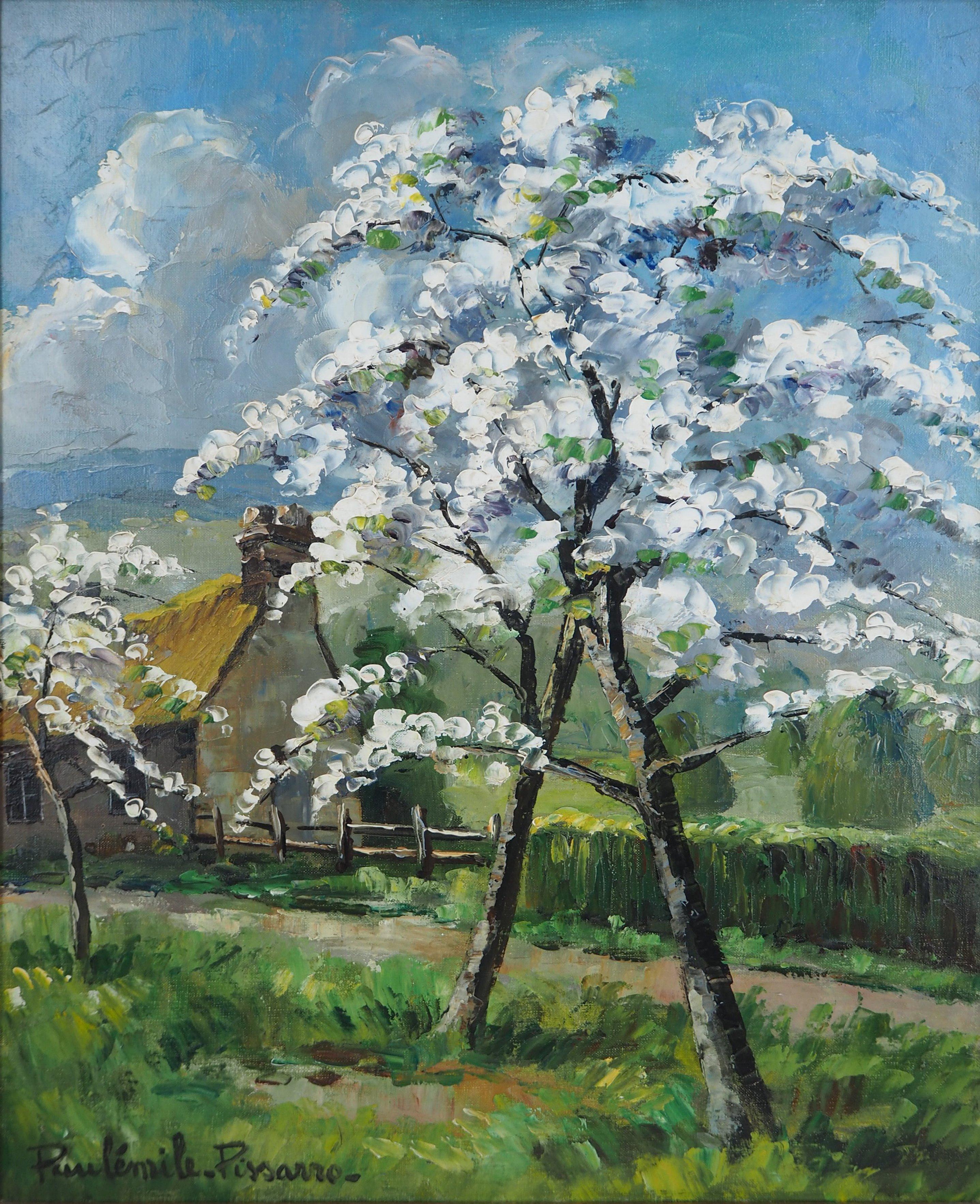 Normandy : Apple Trees in Blossom - Original oil on canvas, Handsigned - Post-Impressionist Painting by Paul Emile Pissarro