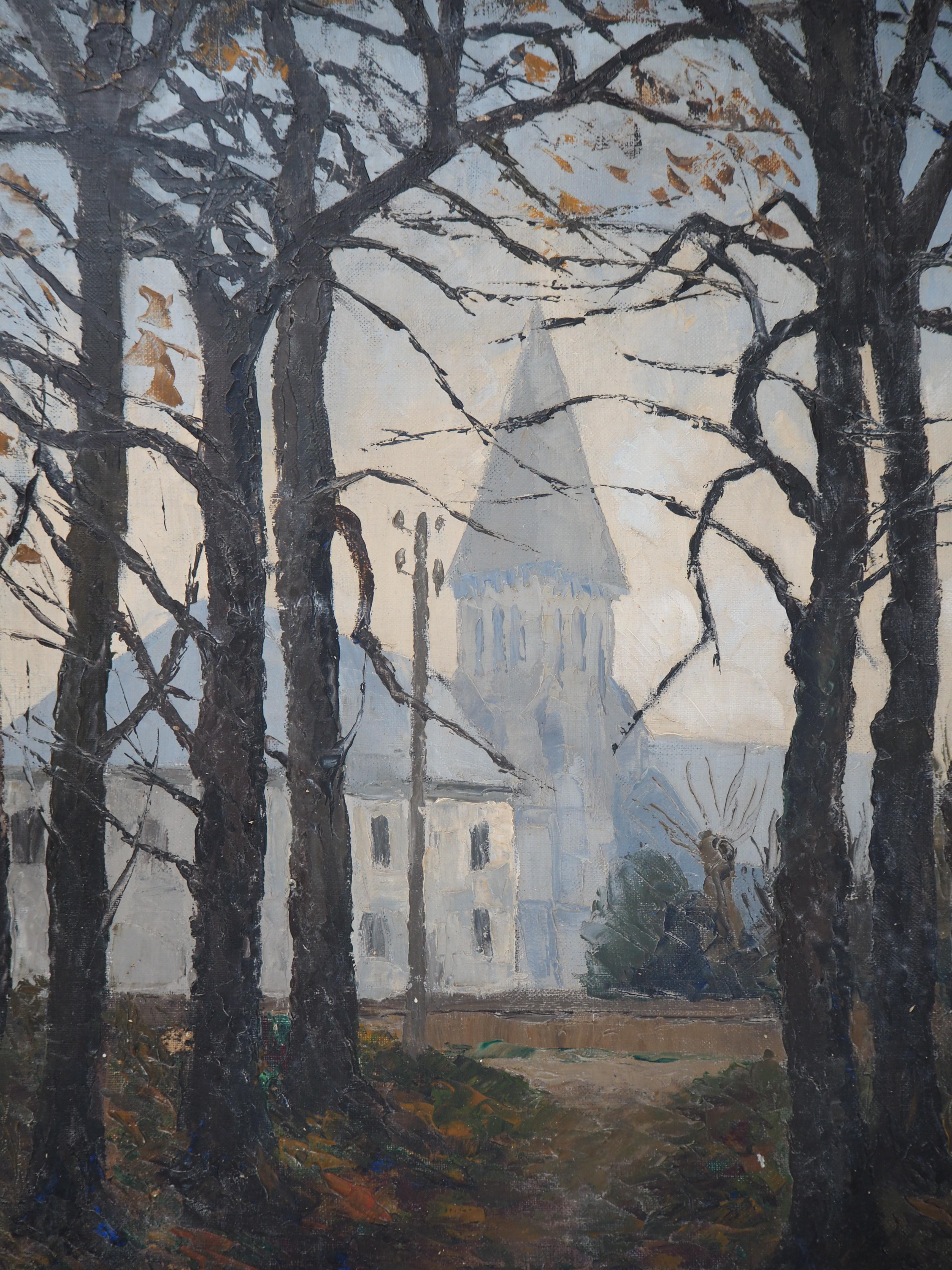 Normandy : Church of St Denis - Original oil on canvas, Handsigned - Gray Landscape Painting by Paul Emile Pissarro