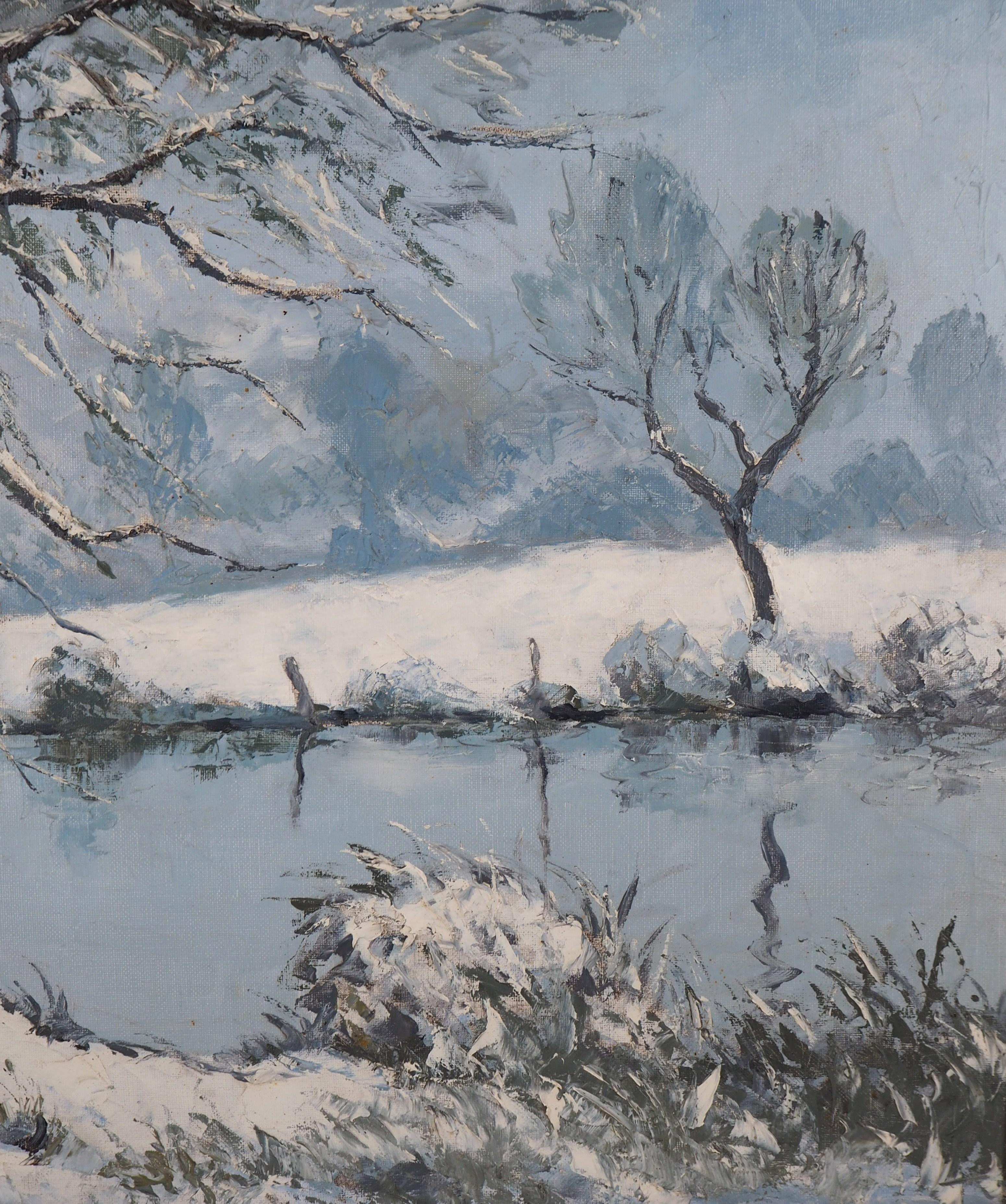 Normandy : Frozen Lake and Snow - Original oil on canvas, Handsigned - Gray Landscape Painting by Paul Emile Pissarro