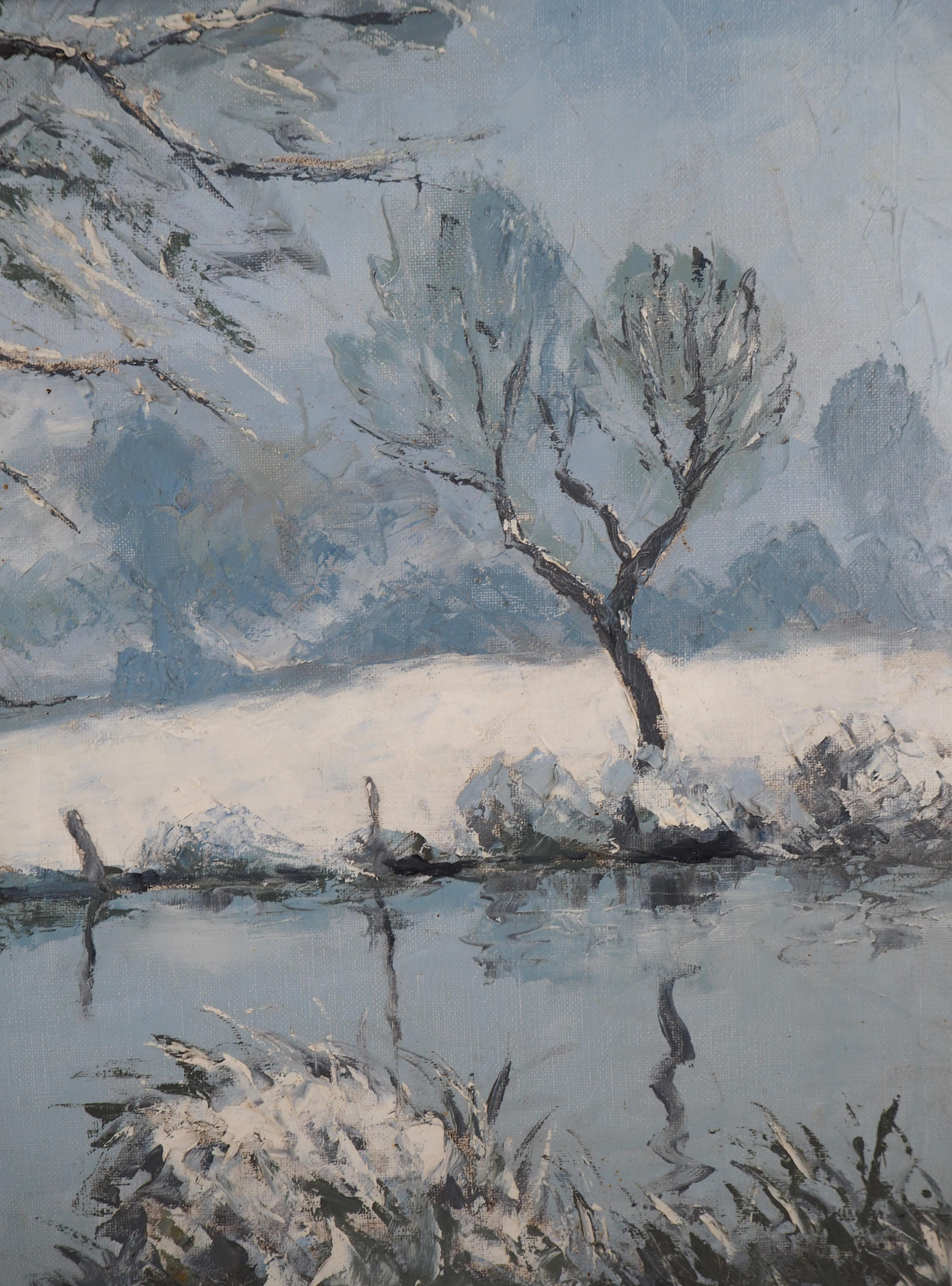 Normandy : Frozen Lake and Snow - Original oil on canvas, Handsigned 1
