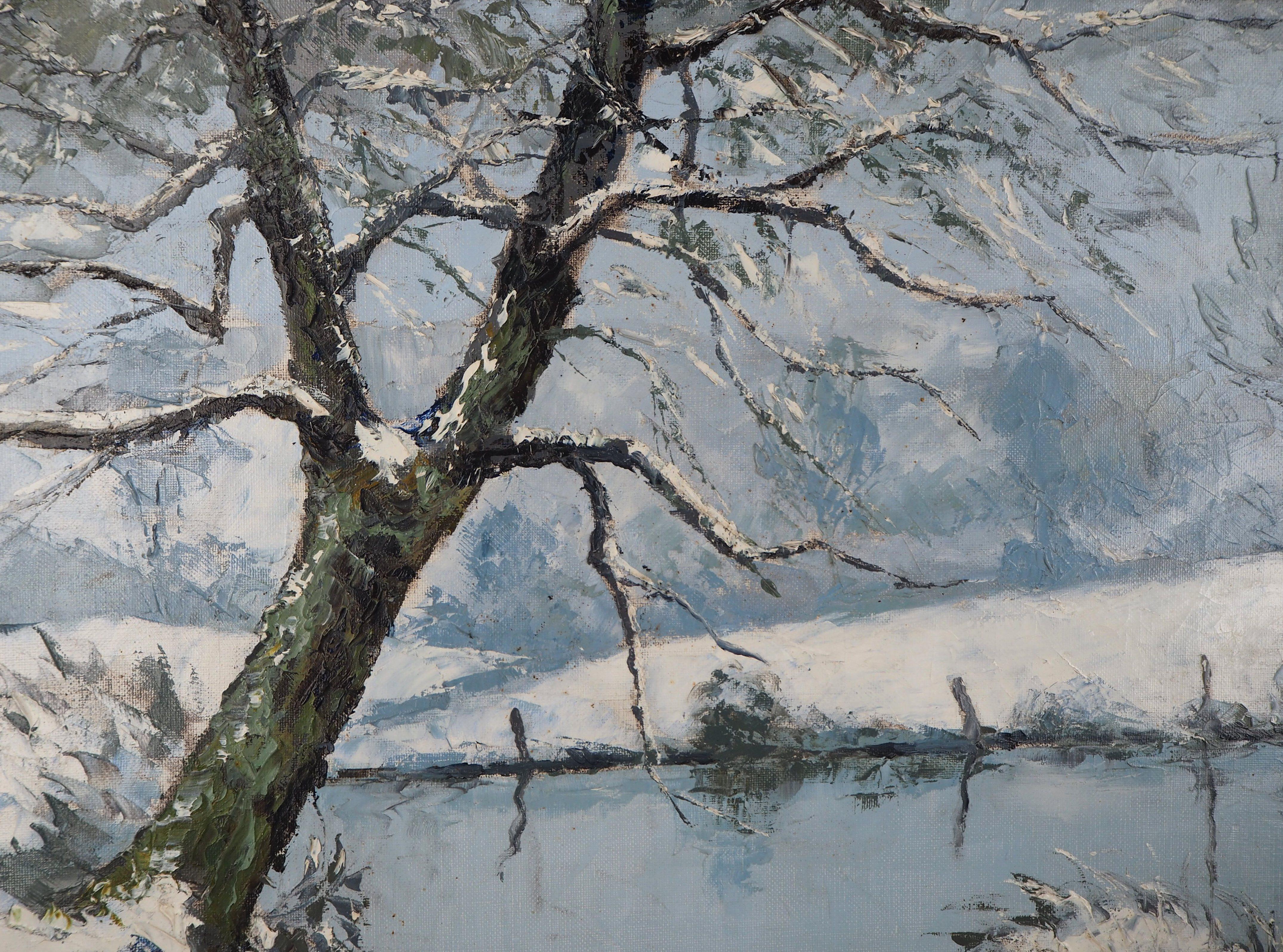 Normandy : Frozen Lake and Snow - Original oil on canvas, Handsigned 2
