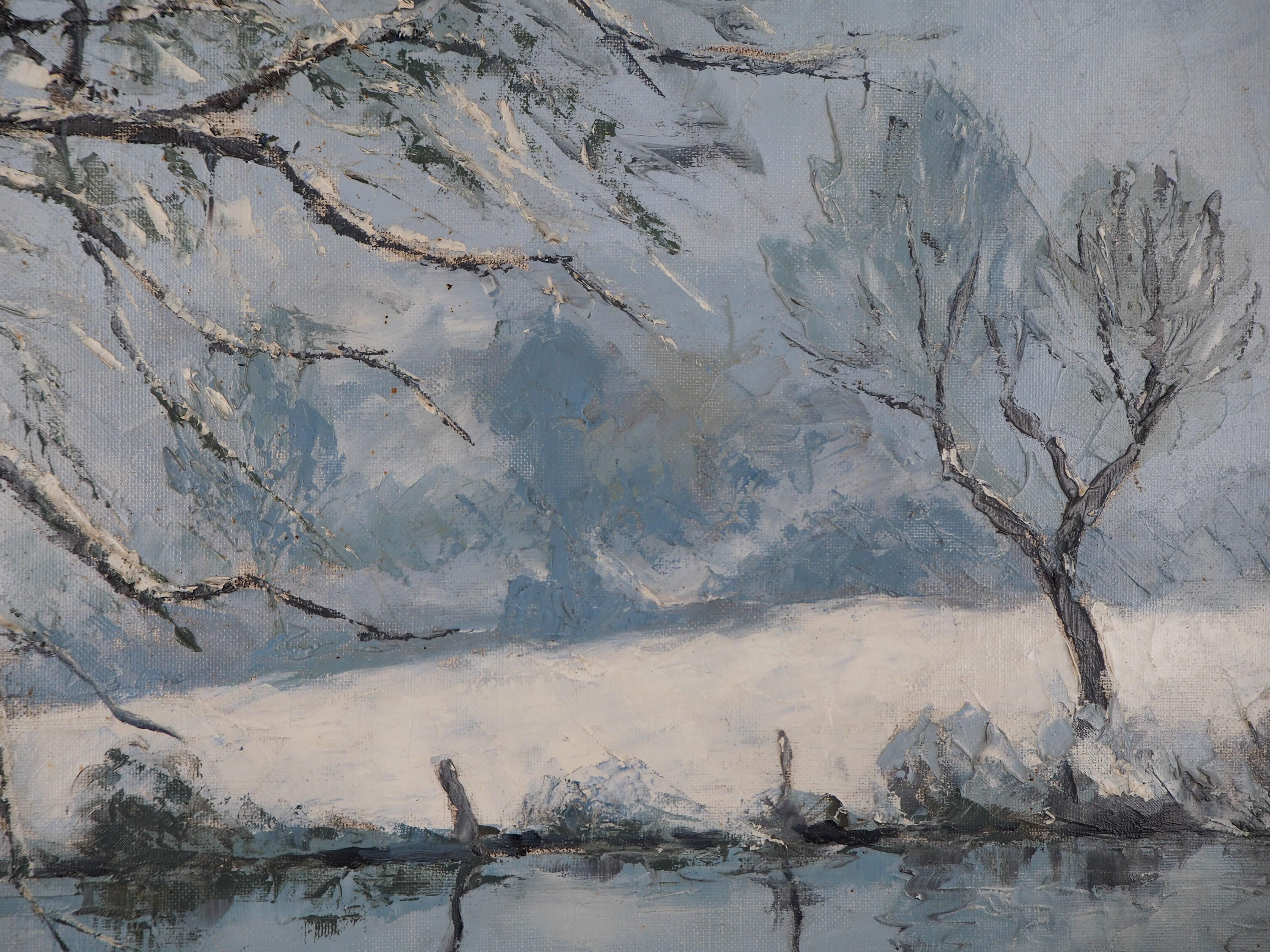 Normandy : Frozen Lake and Snow - Original oil on canvas, Handsigned 3