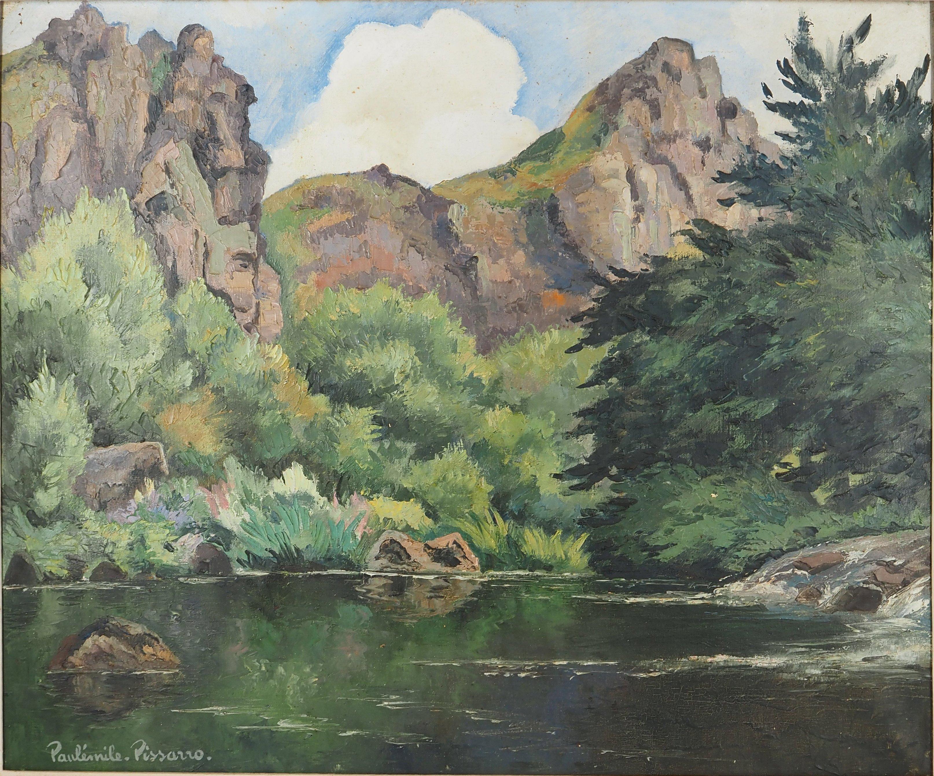 Normandie : Fluss und Berge - Original Öl auf Leinwand, Handsigniert (Post-Impressionismus), Painting, von Paul Emile Pissarro
