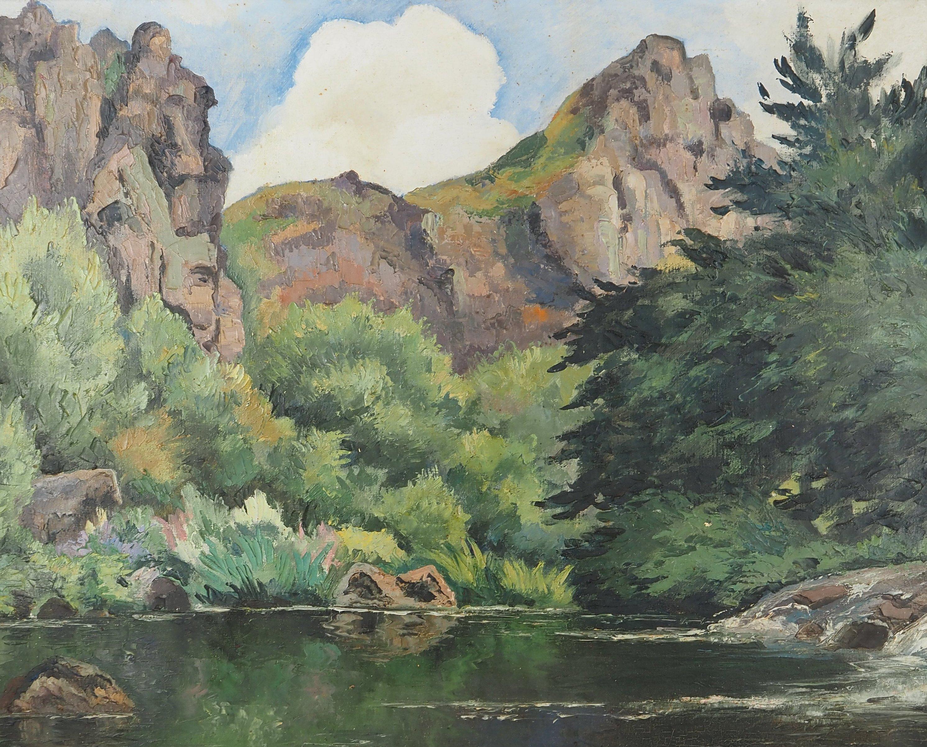 Normandie : Fluss und Berge - Original Öl auf Leinwand, Handsigniert (Braun), Landscape Painting, von Paul Emile Pissarro