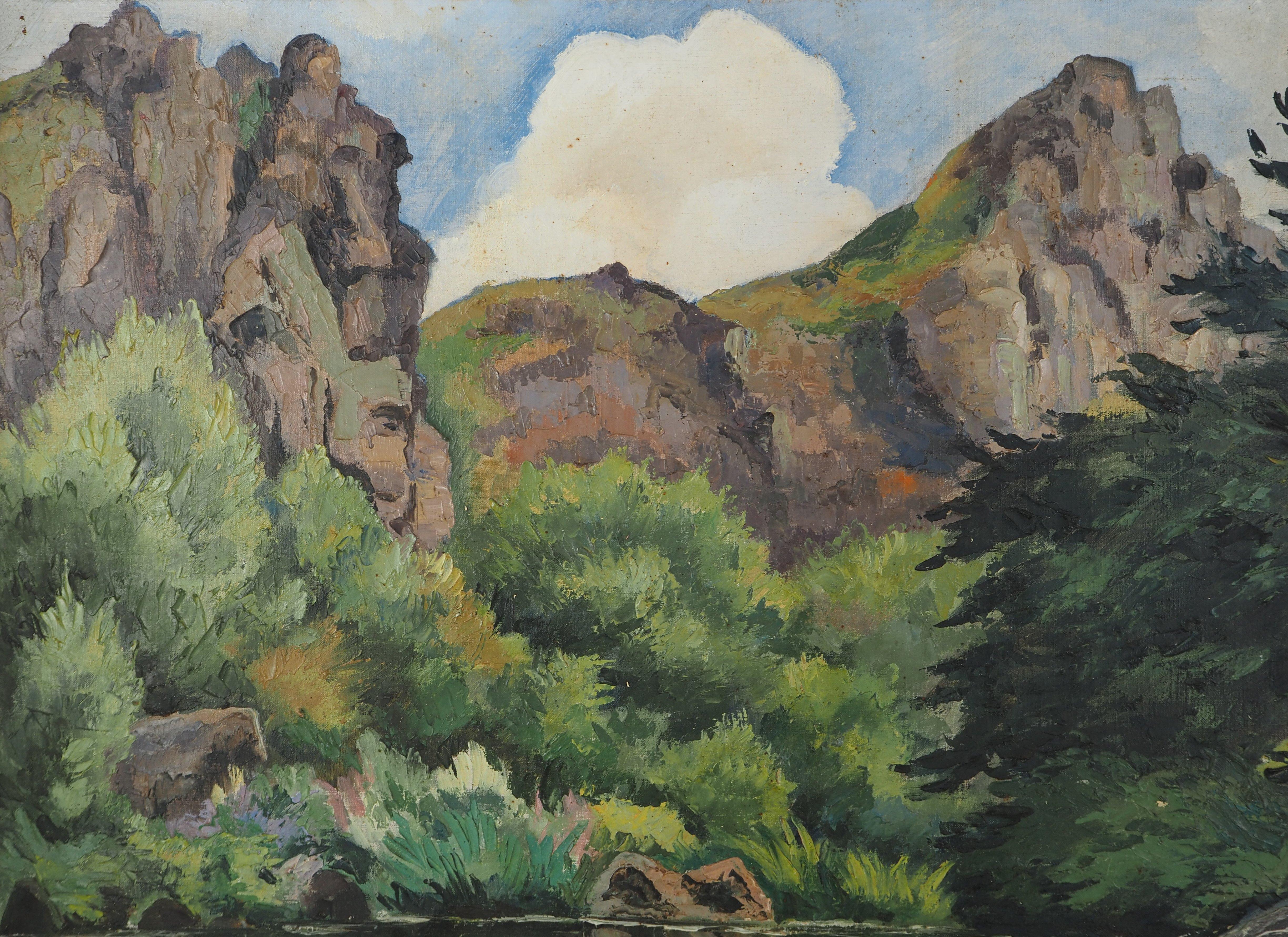 Normandie : Fluss und Berge - Original Öl auf Leinwand, Handsigniert im Angebot 1
