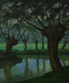 Oil riverscene titled Les Trois Vaches au bord de La Lieure à Lyons-la-Forêt