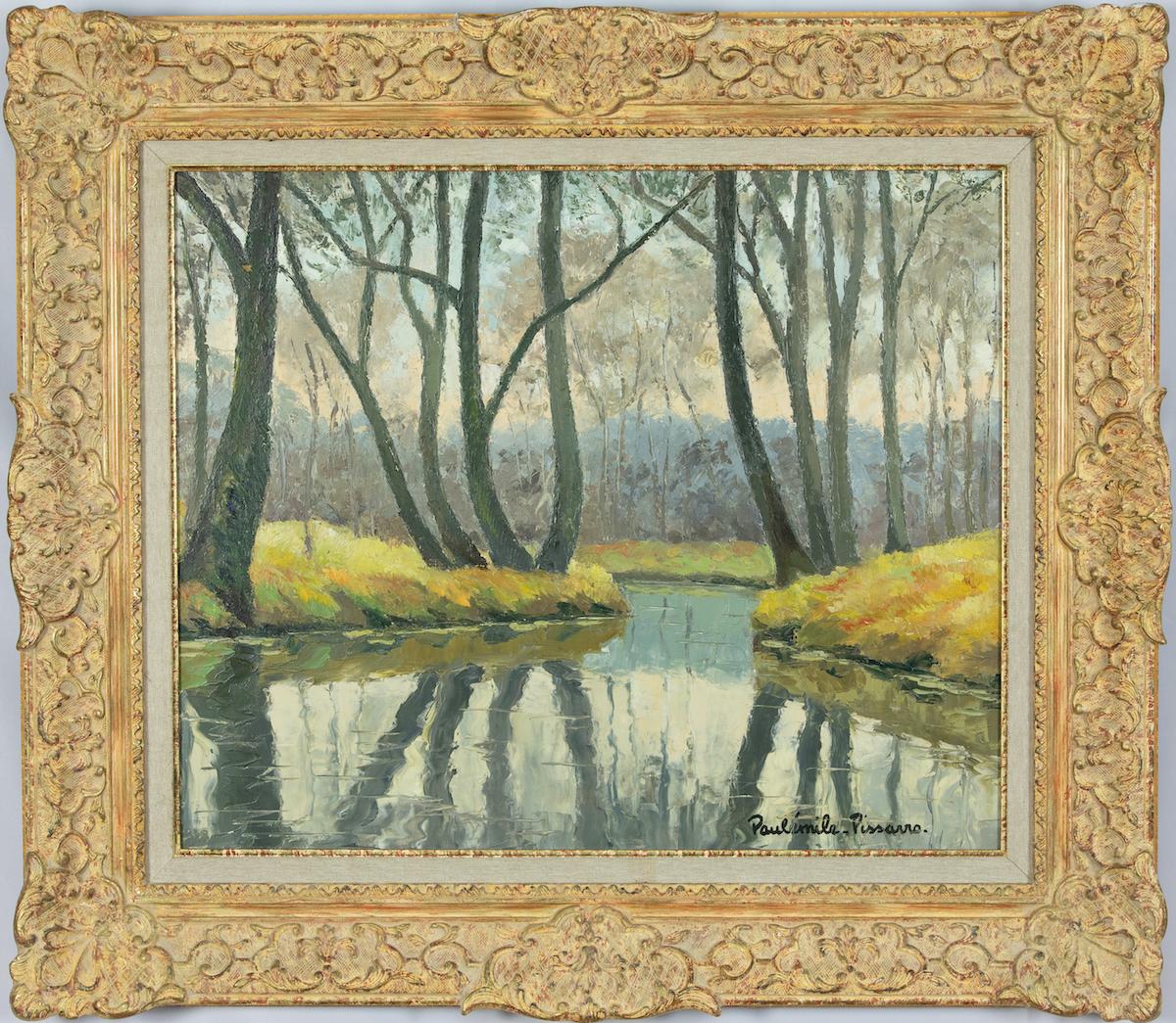 Paysage d'Hiver by Paulémile Pissarro - River scene, oil painting - Painting by Paul Emile Pissarro