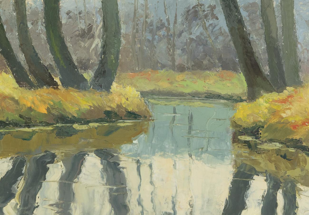 Paysage d'Hiver de Paulmile Pissarro - Scène de rivière, peinture à l'huile - Gris Landscape Painting par Paul Emile Pissarro