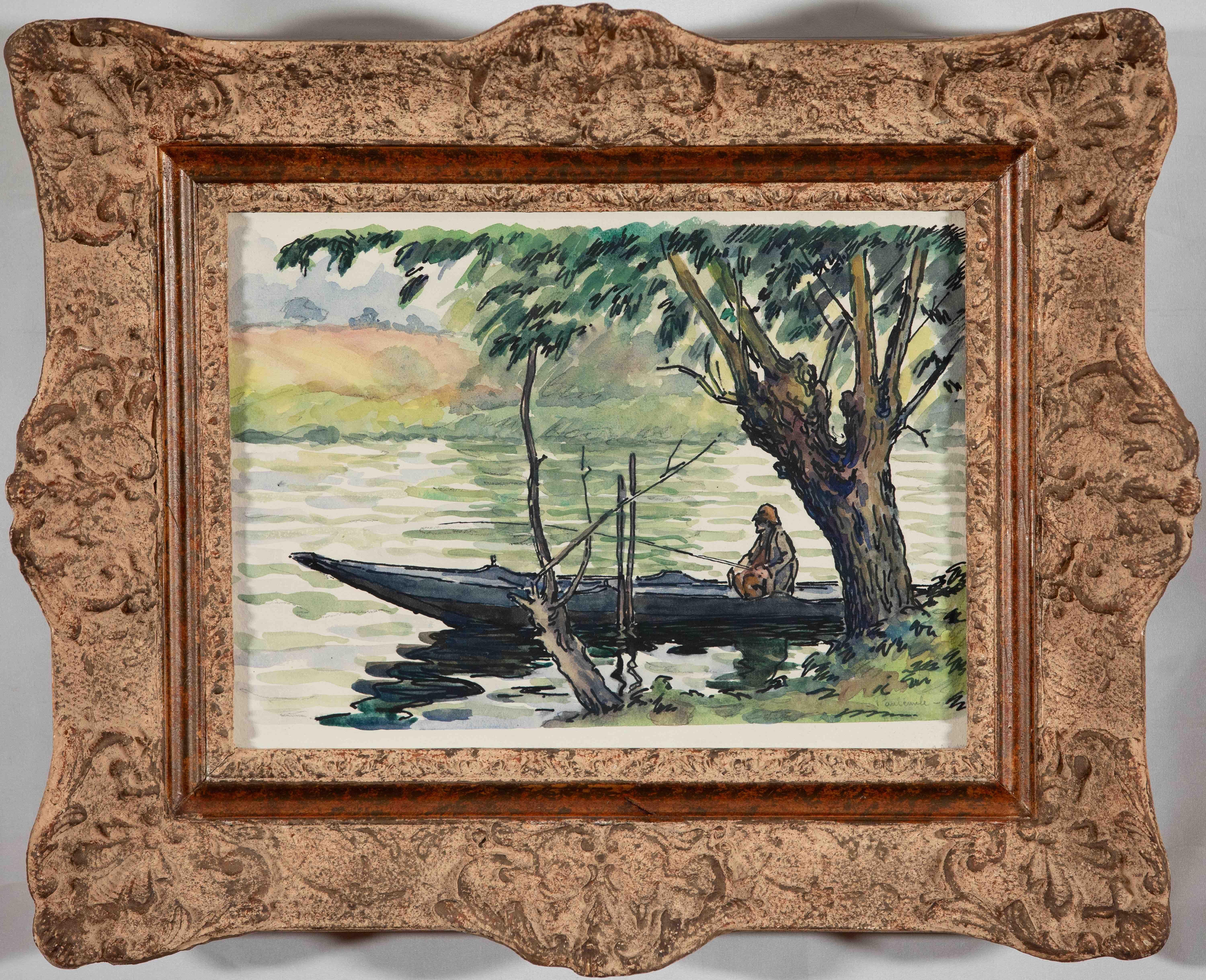 Pêcheur sur la Cure par Paulémile Pissarro - Aquarelle de paysage - Painting de Paul Emile Pissarro