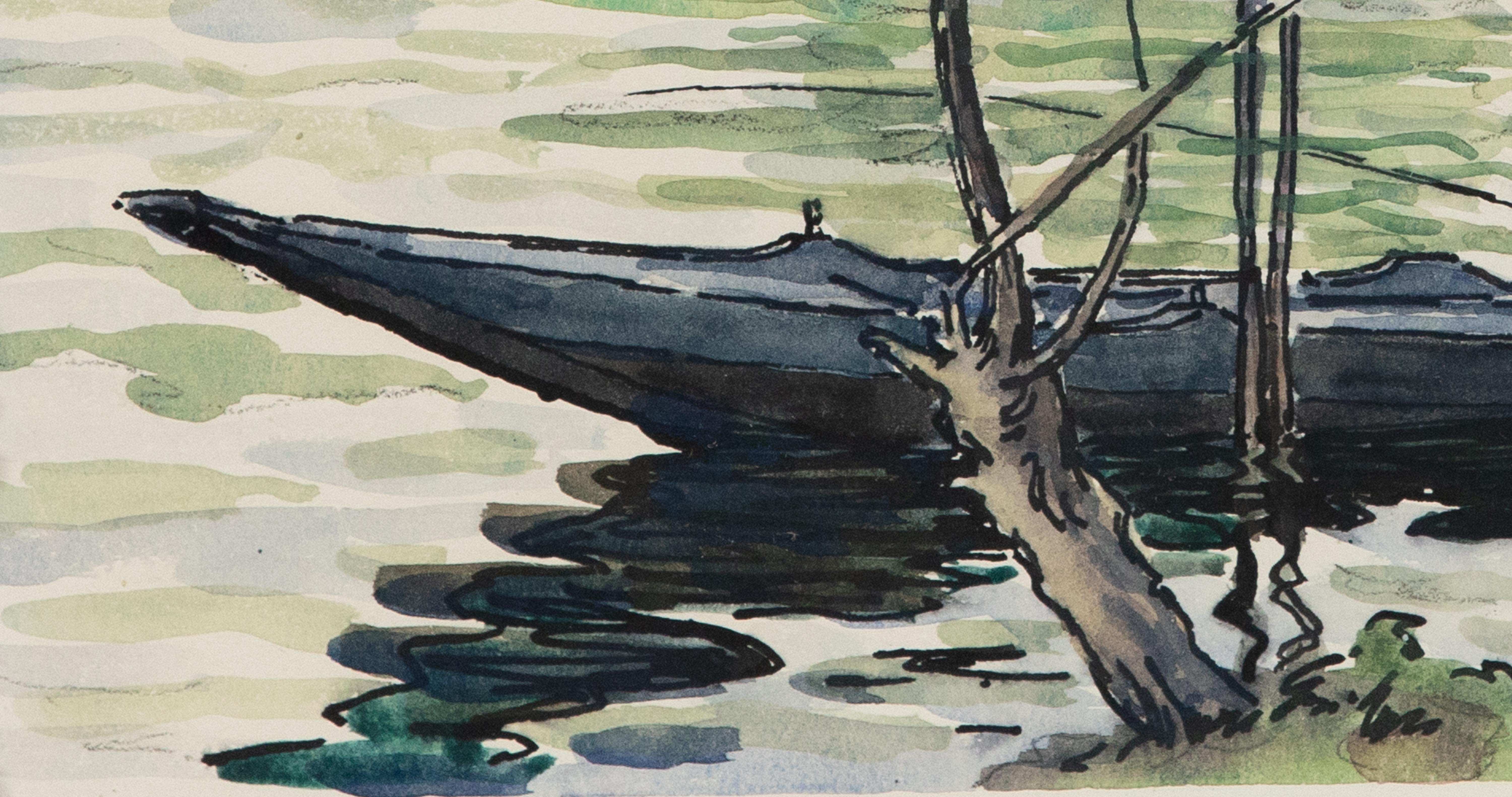 Pêcheur sur la Cure by Paulémile Pissarro - Landscape watercolour For Sale 1
