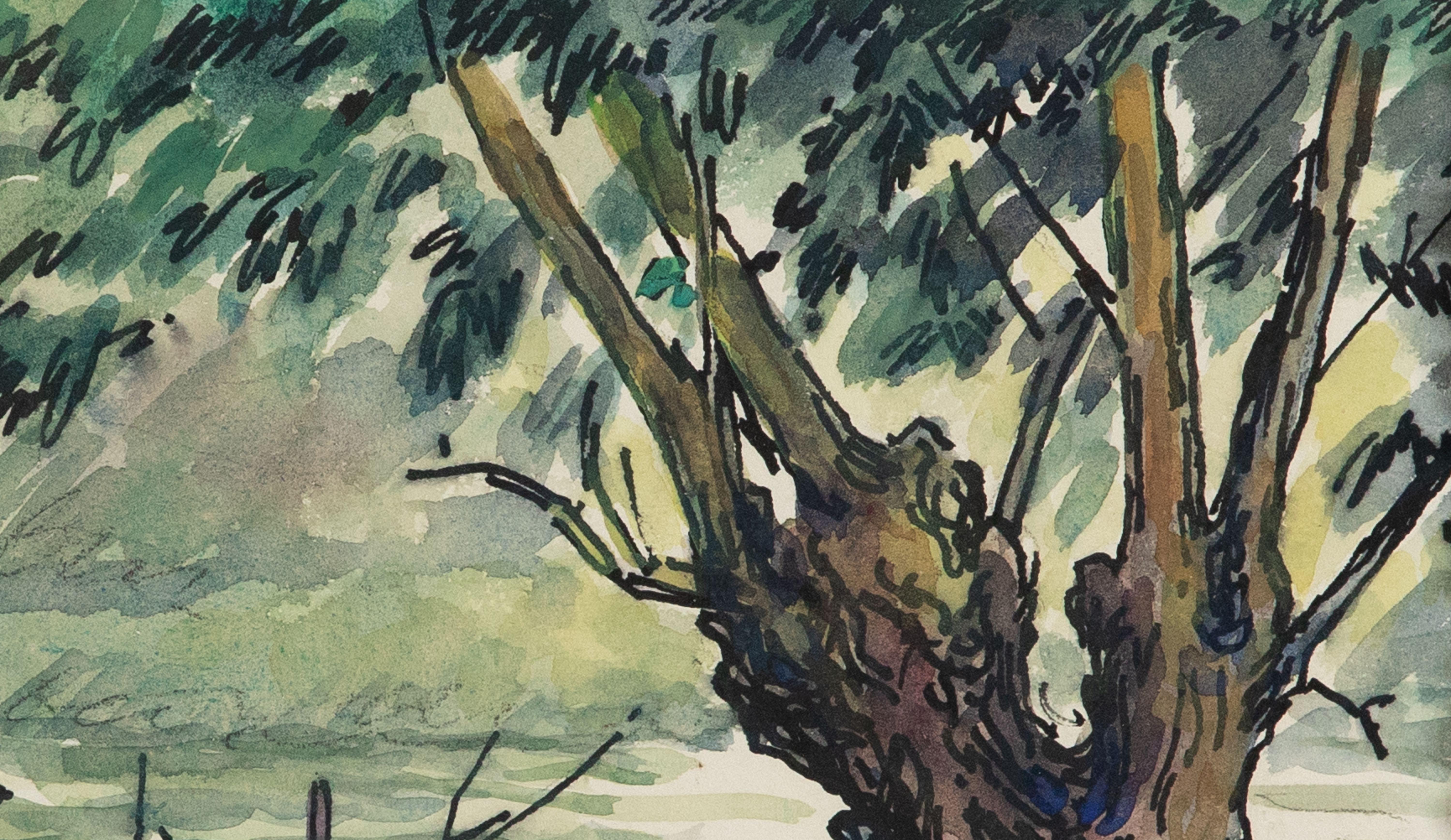 Pêcheur sur la Cure par Paulémile Pissarro - Aquarelle de paysage en vente 2