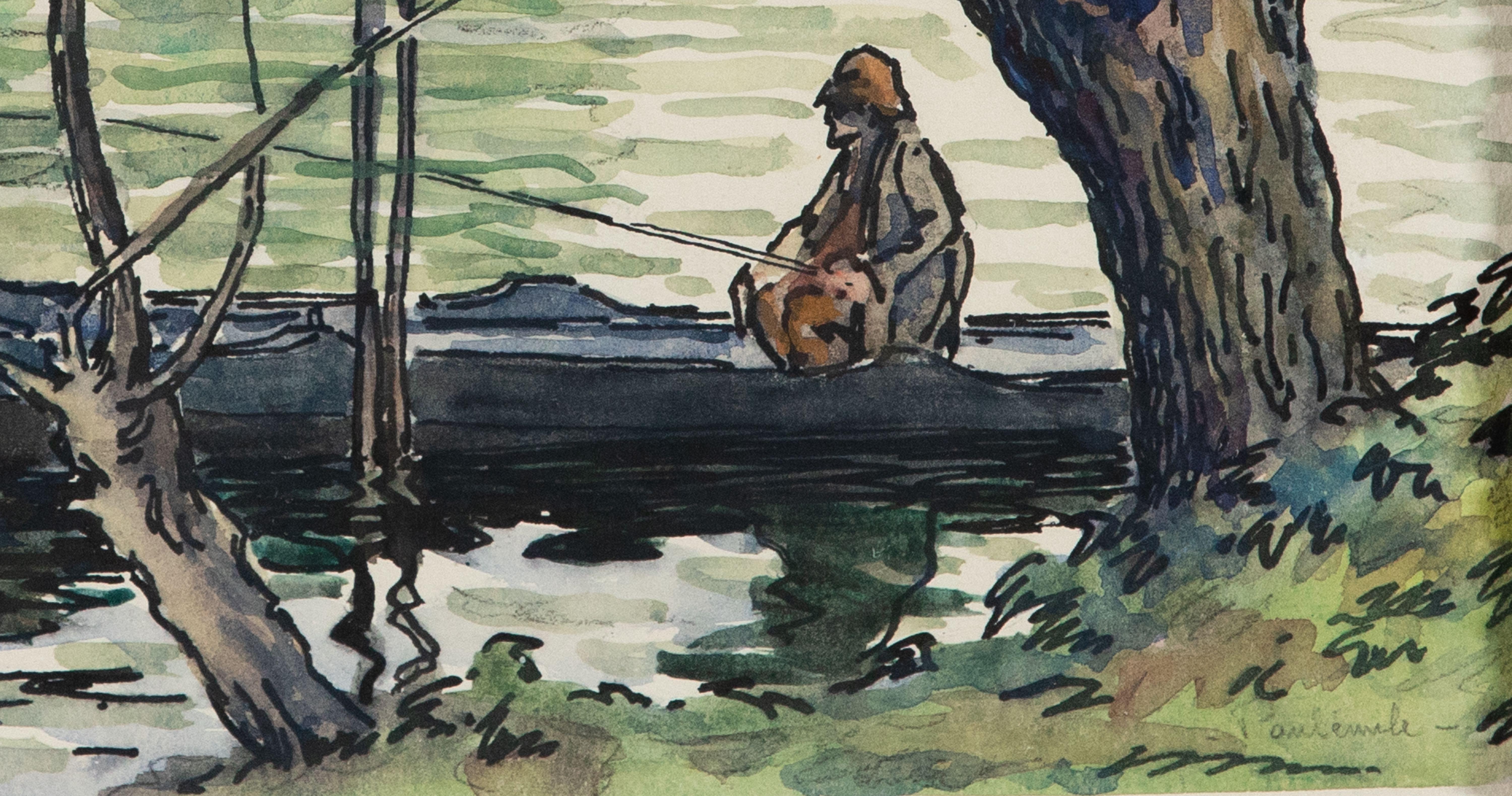 Pêcheur sur la Cure by Paulémile Pissarro - Landscape watercolour For Sale 3