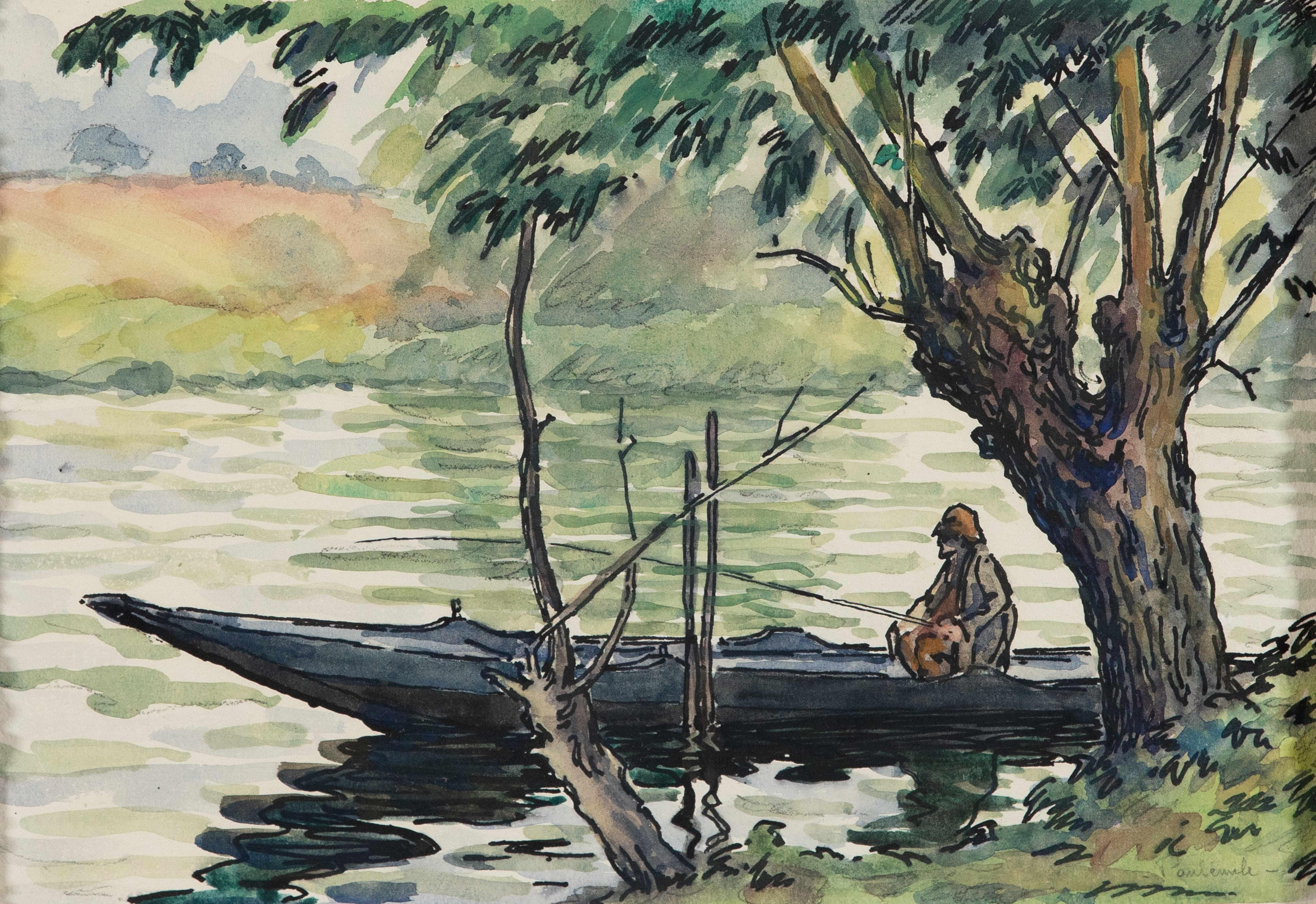 Figurative Painting Paul Emile Pissarro - Pêcheur sur la Cure par Paulémile Pissarro - Aquarelle de paysage