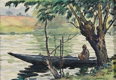 Pêcheur sur la Cure par Paulémile Pissarro - Aquarelle de paysage