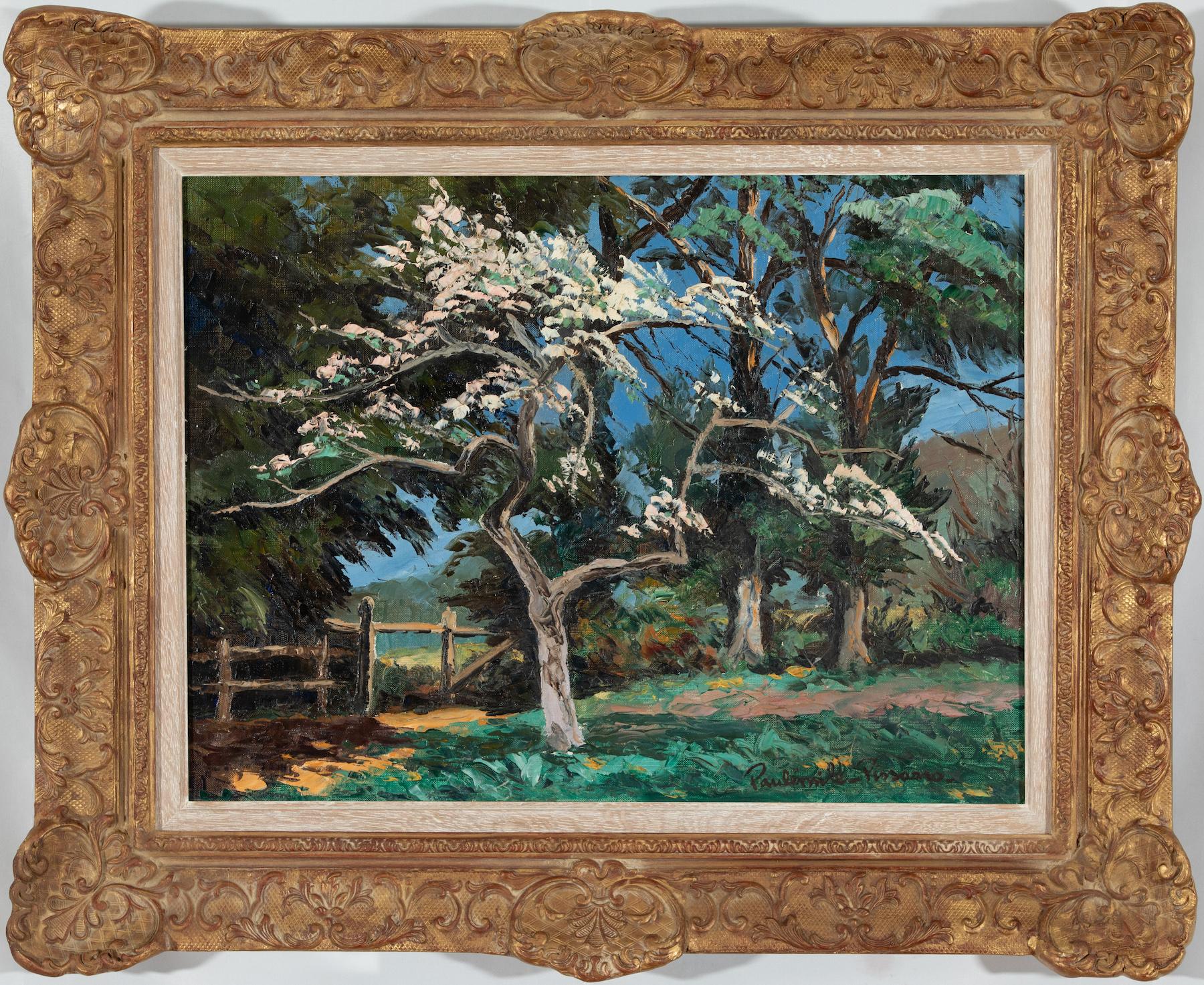 Poirier en fleurs de Paulémile Pissarro - Peinture de paysage - Painting de Paul Emile Pissarro