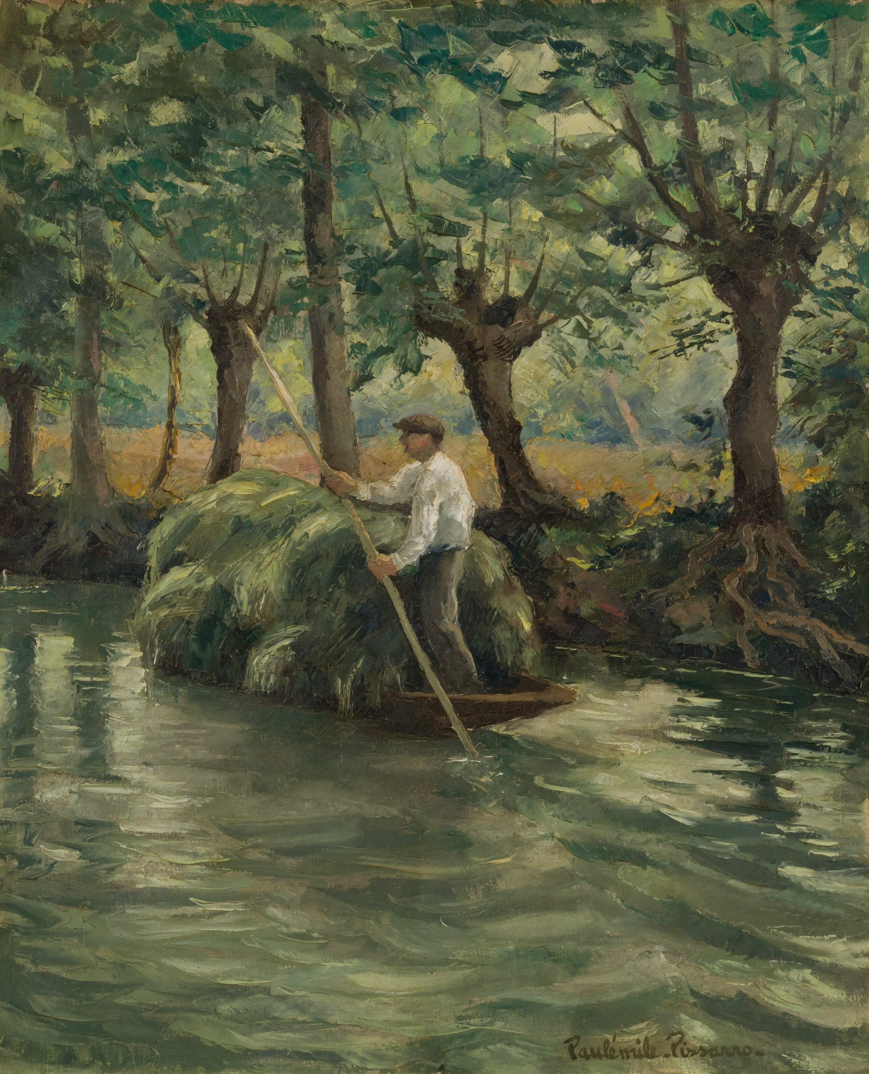 Paul Emile Pissarro Landscape Painting - The boatman, Marais Poitevin by Paulémile Pissarro - Oil Painting, Landscape