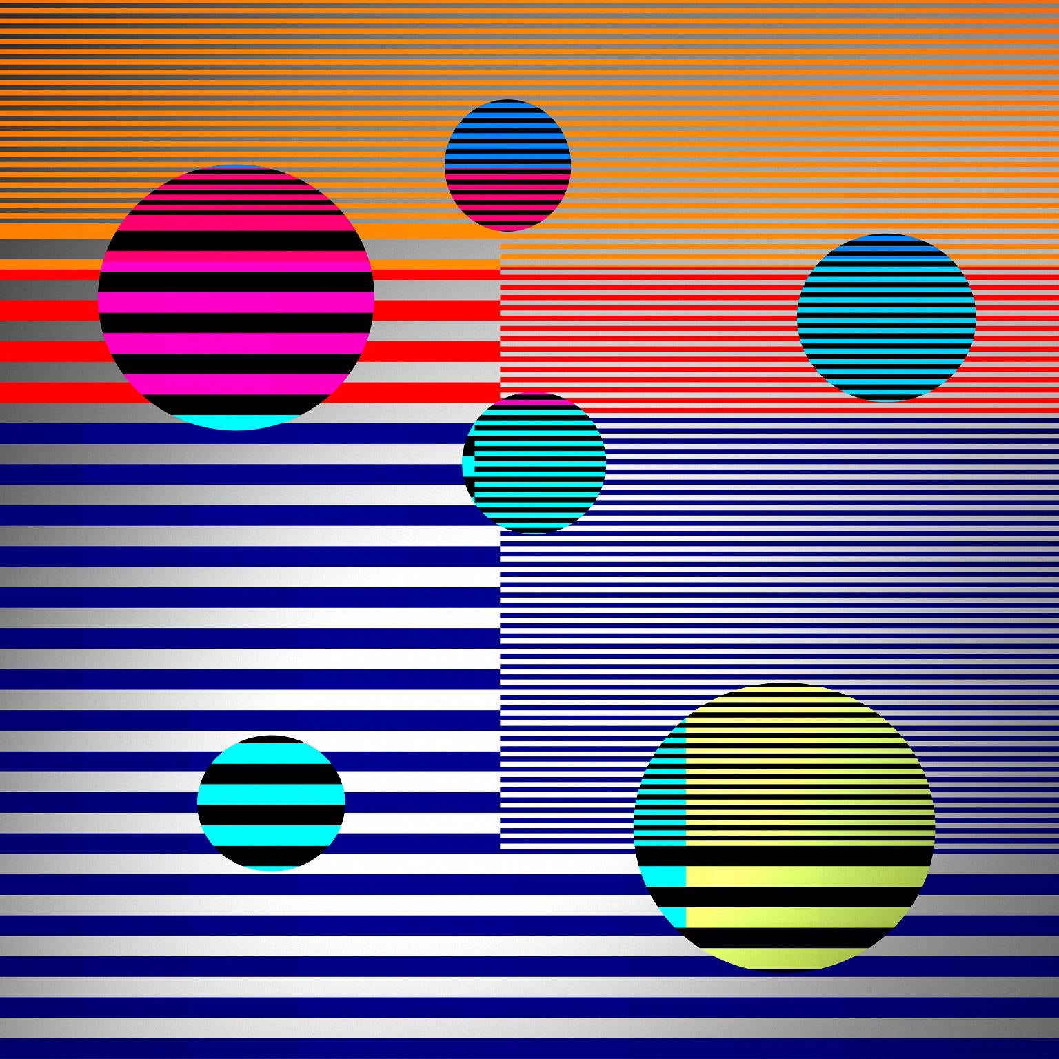 Paul-Émile Rioux - City _ Stripes _ Circles, Blue, Pink, Green, 24 x 24 ...