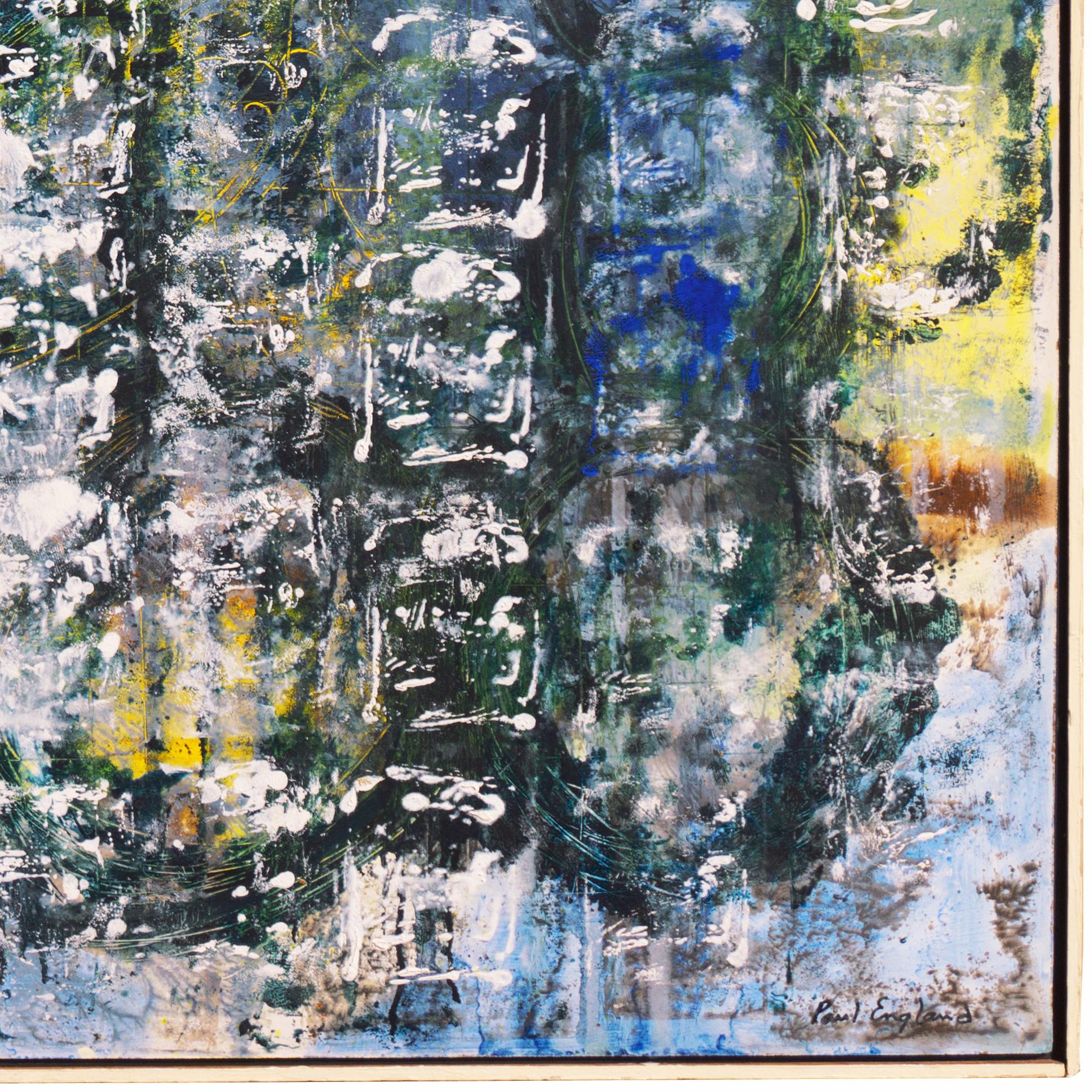 Signed lower right, 'Paul England' (American, 1918-1988) and painted circa 1965. 
With old label, verso, bearing title, 'Gutenburg'.
Framed in a period white-painted, wood-strip frame. Framed dimensions: 37.5 x 1.75 x 49.25 inches. 

Born in