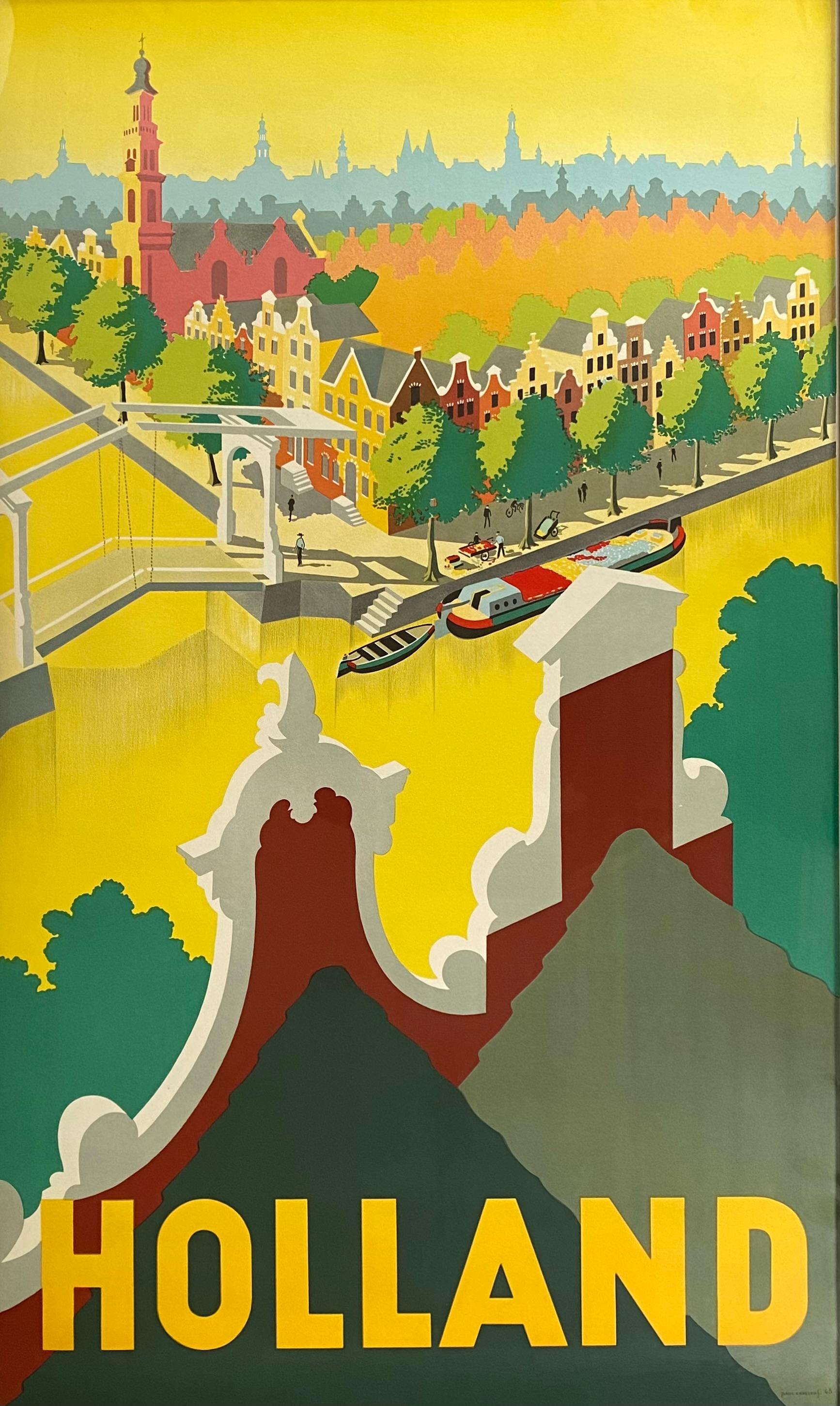 Original offset colored lithograph travel poster titled “Holland” by the Dutch artist, Paul 
Erkelens.  Signed in the print lower right and dated 1945. Published by Dejong & Company, Hilversum.  Condition is excellent.  A birds eye view of a Dutch