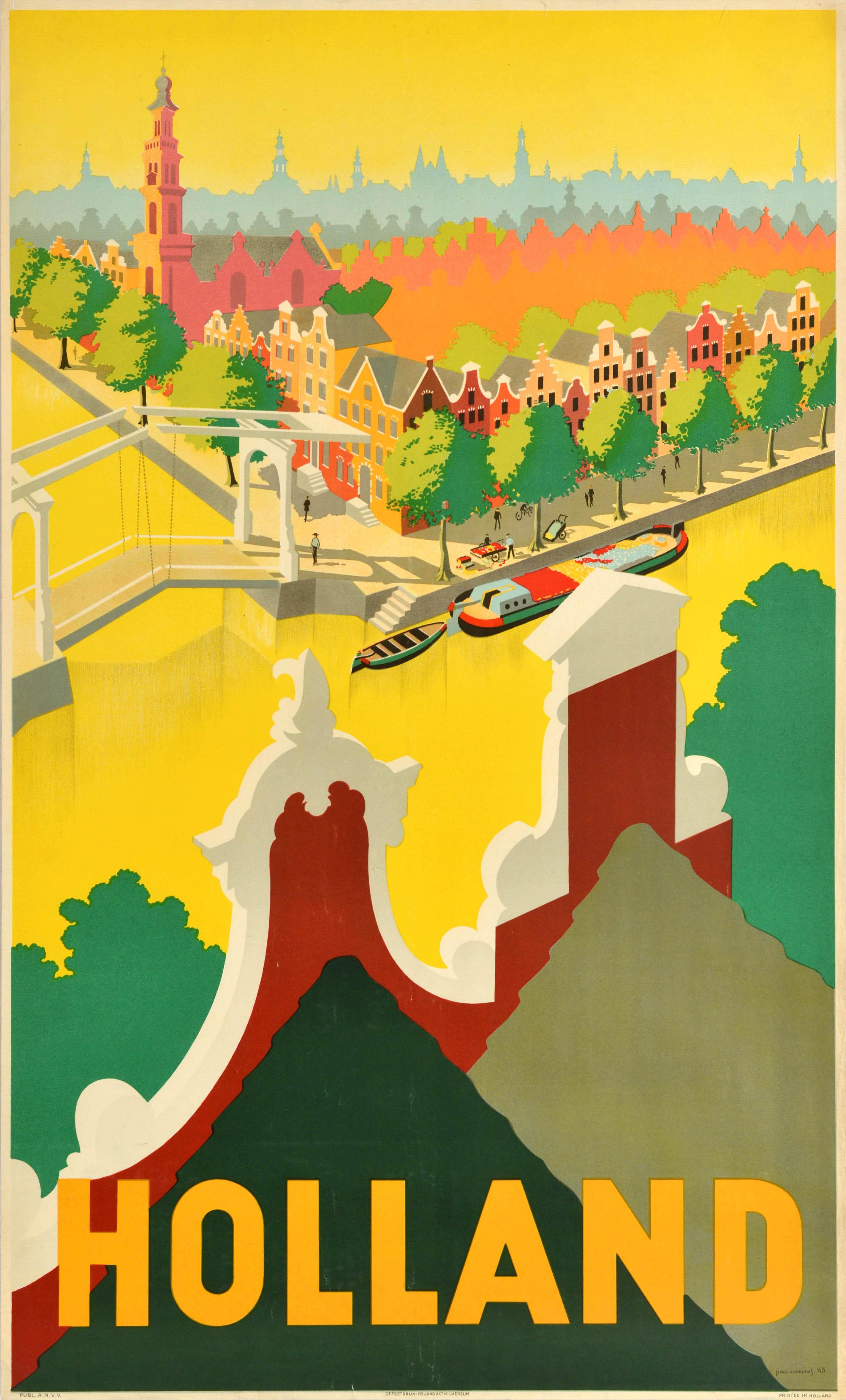 Paul Erkelens Print - Original Vintage Travel Poster Holland River Canal Dutch Houses Netherlands Art