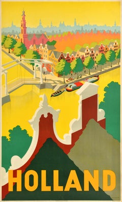 Original Vintage Travel Poster Holland River Canal Dutch Houses Netherlands Art