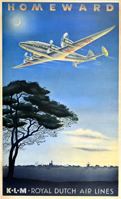 Original Vintage Travel Poster Homeward KLM Royal Dutch Air Lines Plane Windmill